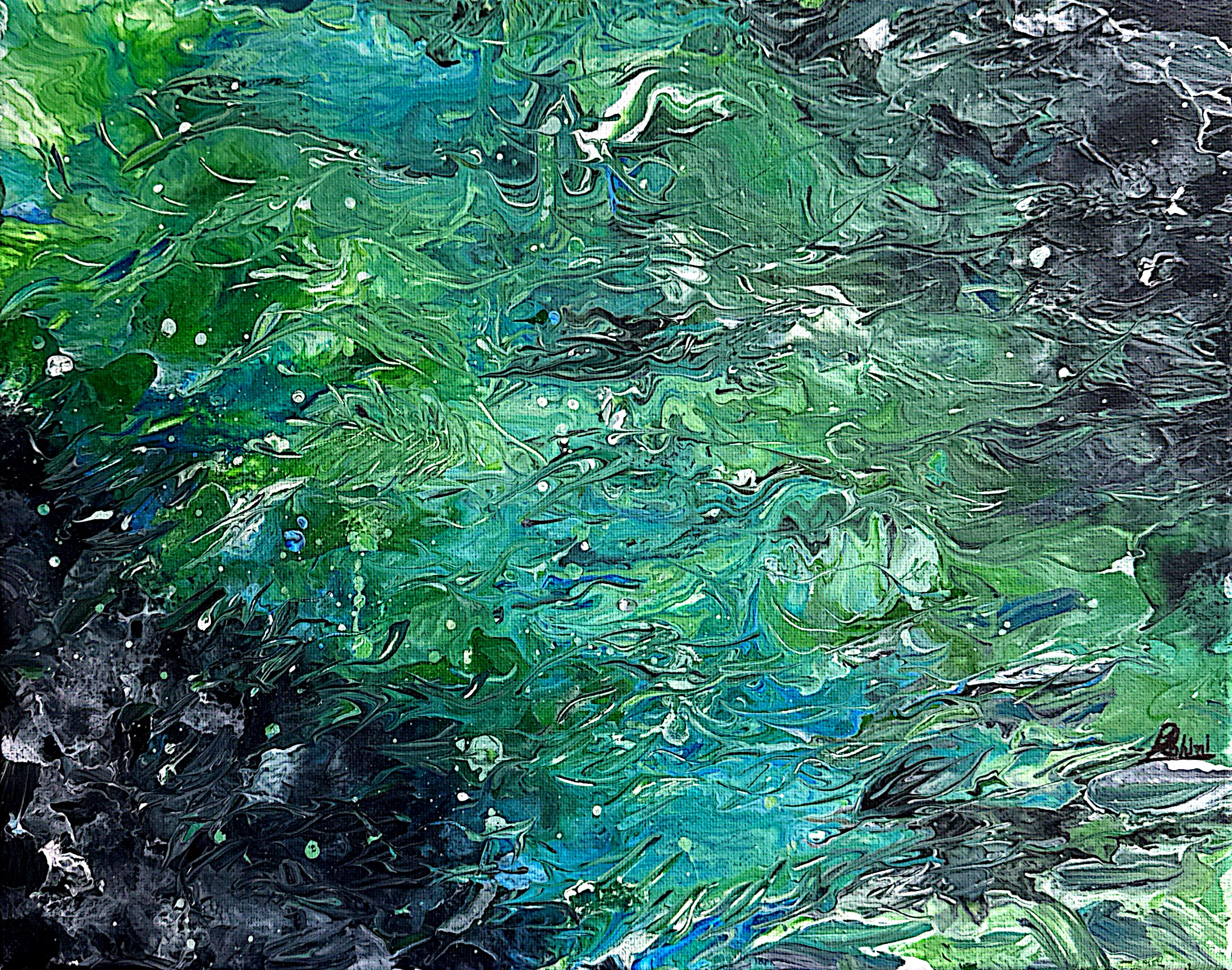 Moder art by Modern art, featuring swirling green and blue wave-like patterns
