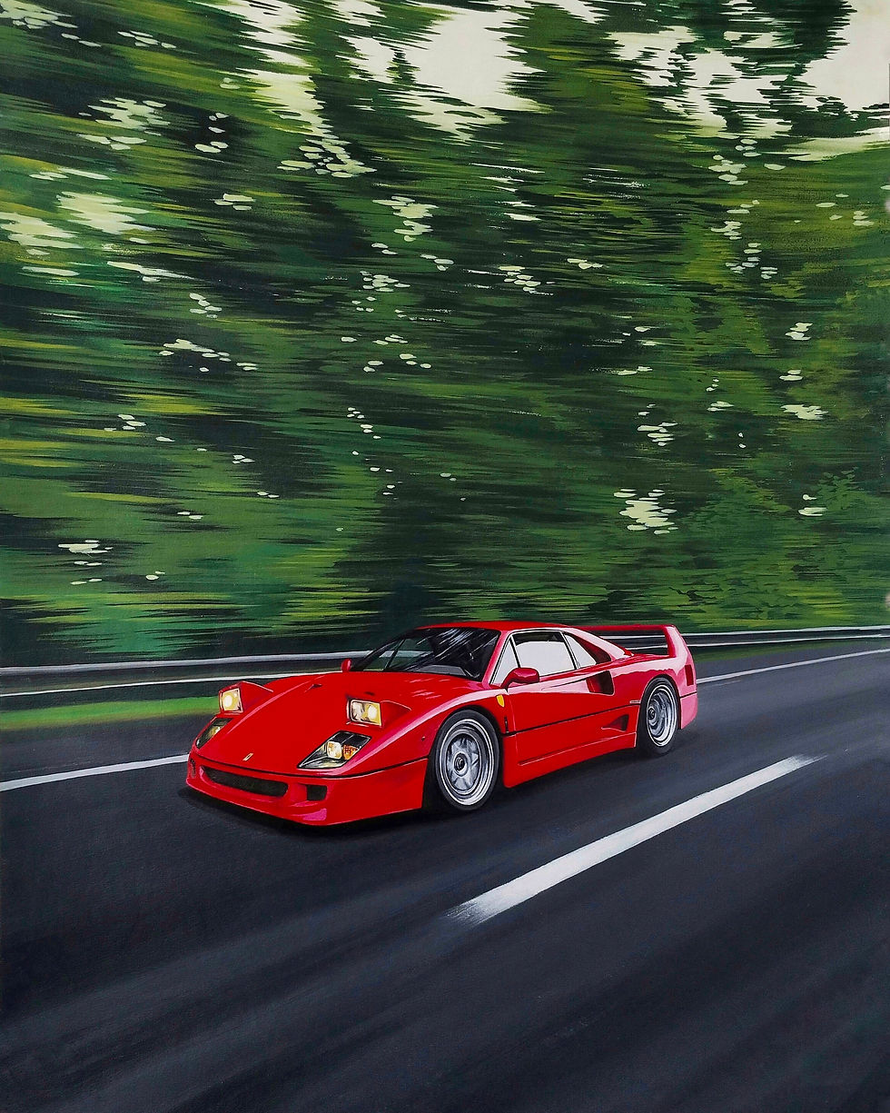 Caption Of Artwork: The Ferrari F40, a red streak of power cutting through calm green roads.