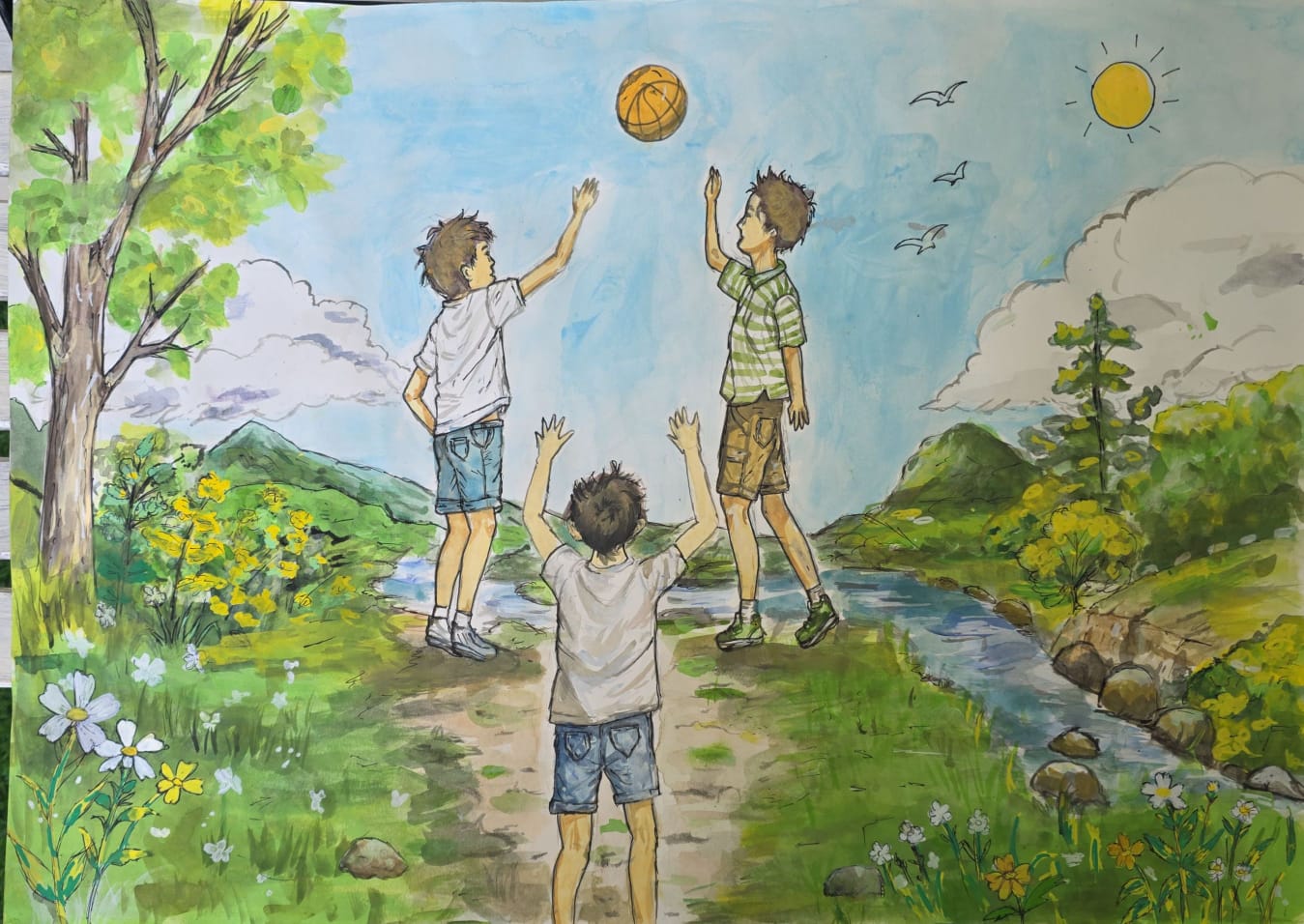 A Quiet Joy in the Calm by Gopika Maya Nair, three boys playing catch outdoors