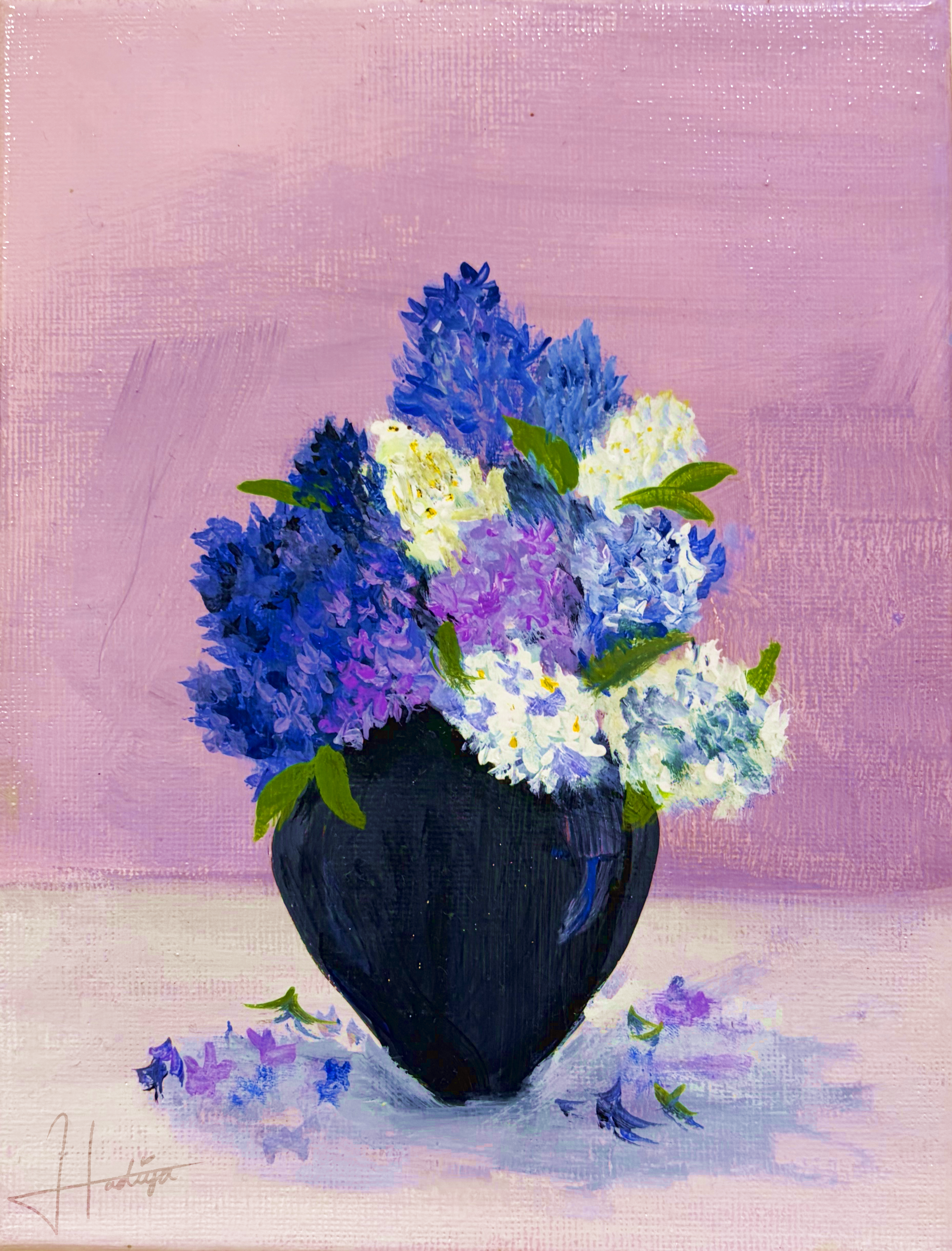 Lavender Hush by Syeda Hadiya Arif, floral arrangement with blue, purple, and white flowers