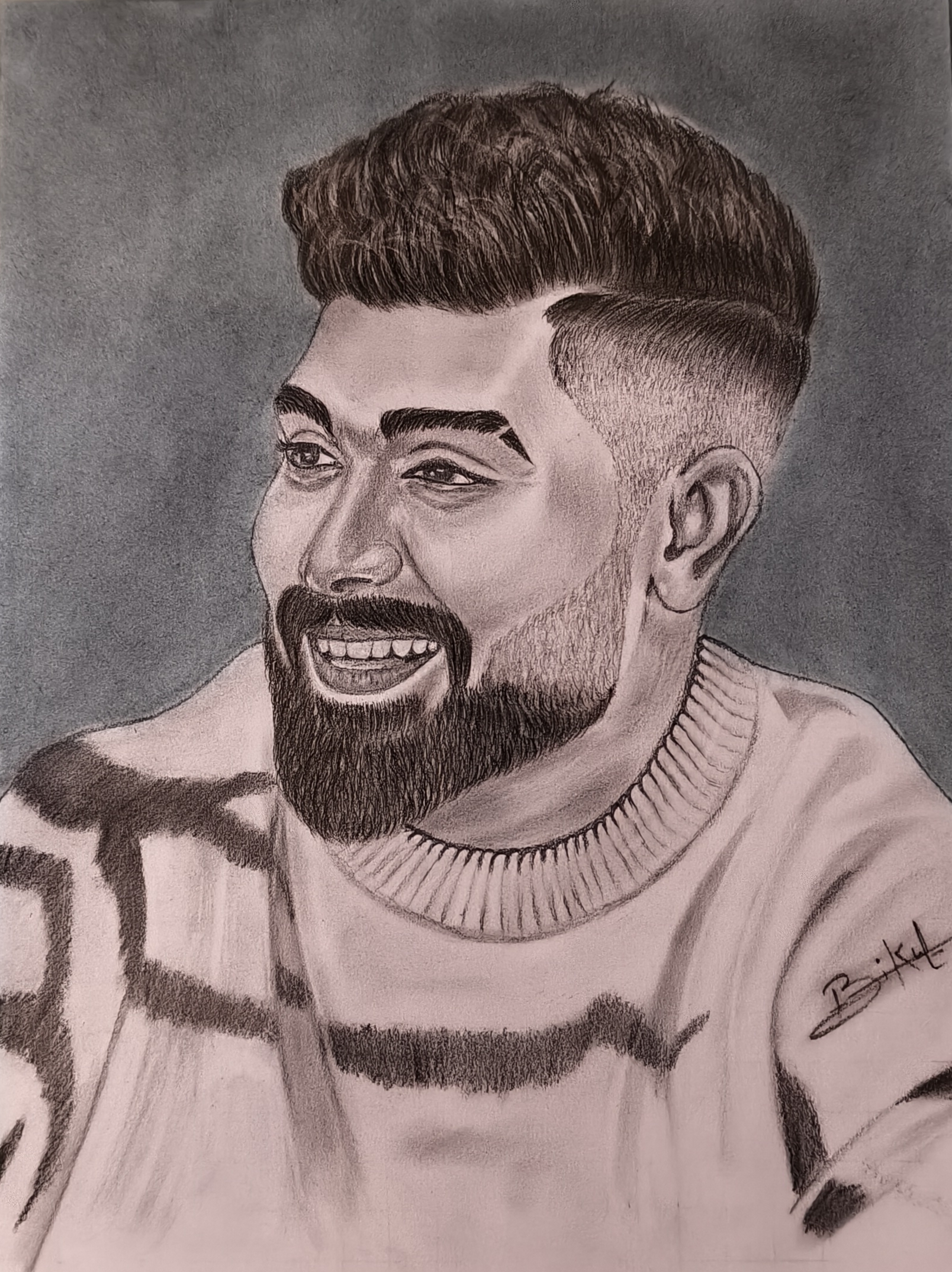 The Smiling Gentleman by bikul kamboj, depicting a man with a smile, styled hair, and patterned sweater
