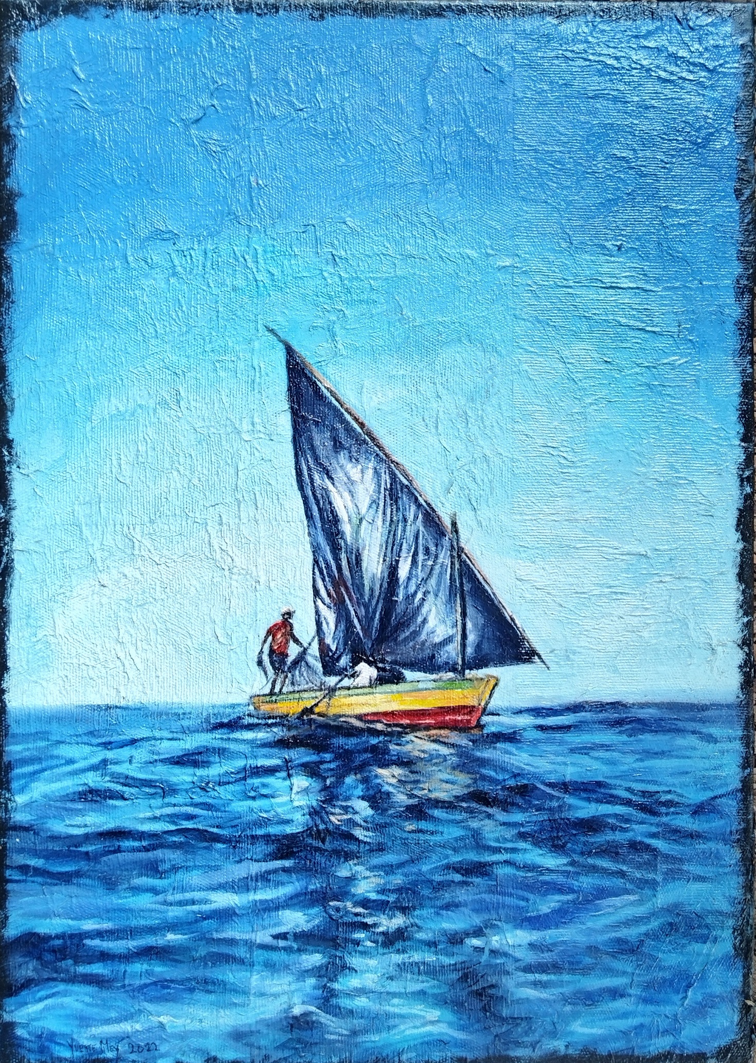 Black Sail by Yvette Mey, depiction of a dhow boat on blue ocean