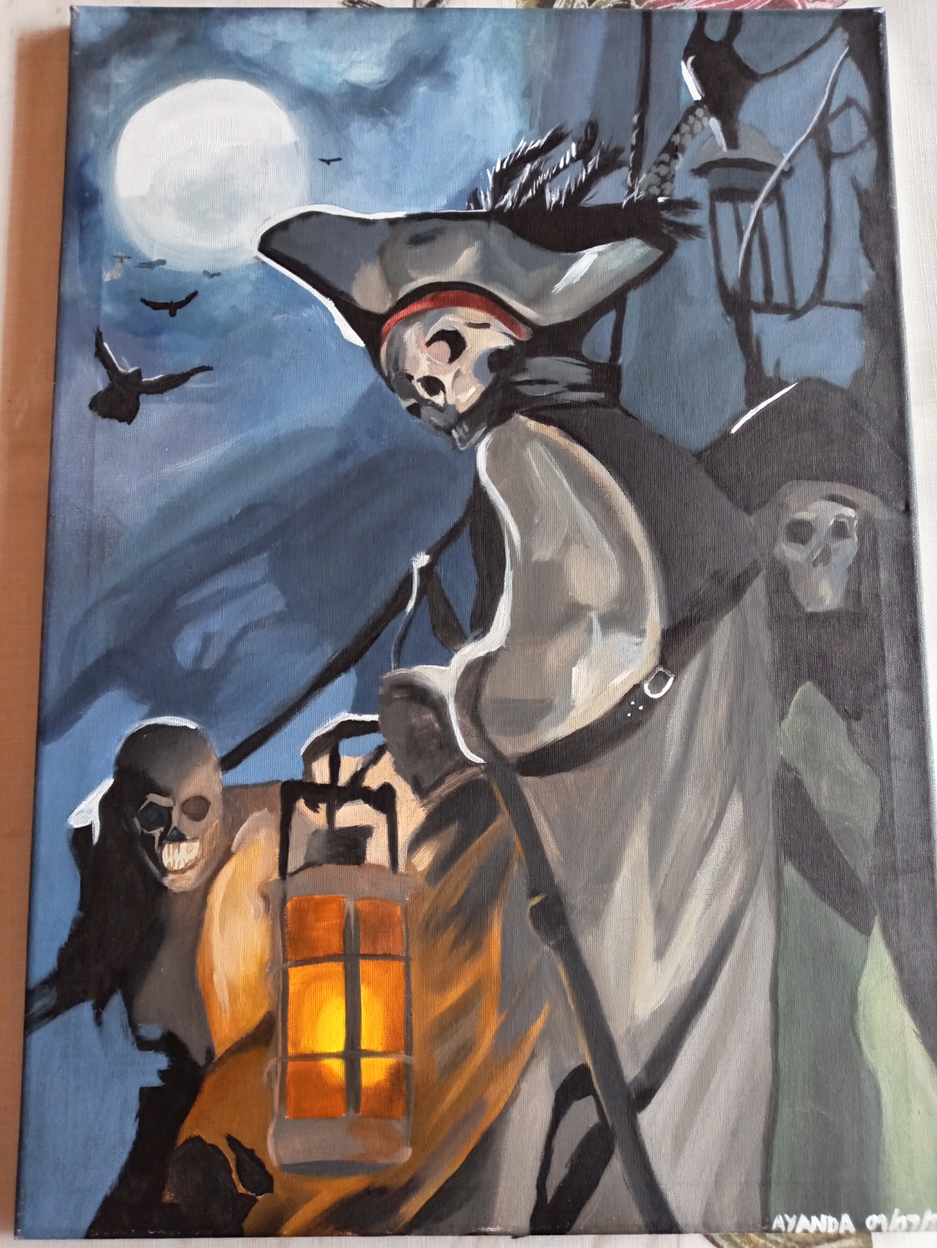 Dead men sail at night by Ayanda Mashaba, featuring a skeletal sailor with a glowing lantern