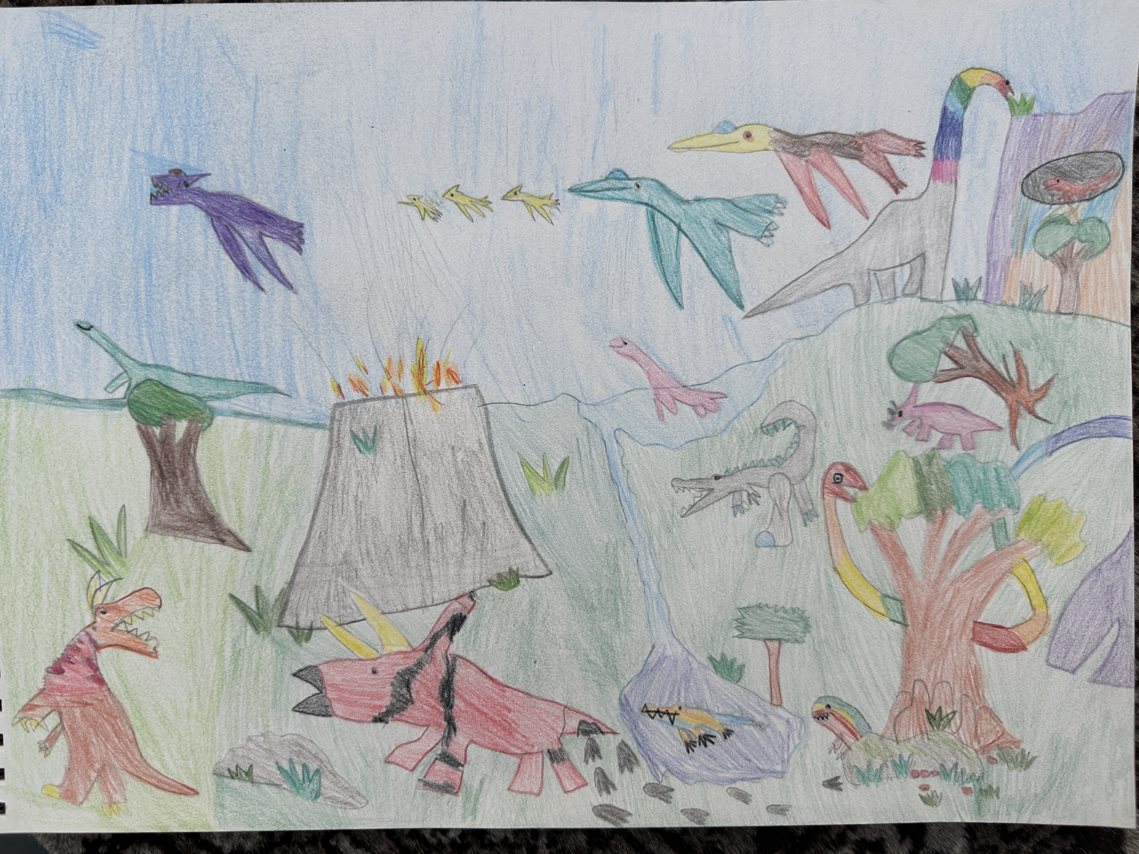 Chomp, chomp, stomp! by Alex Frederick Arthur Watson, colorful prehistoric scene with dinosaurs