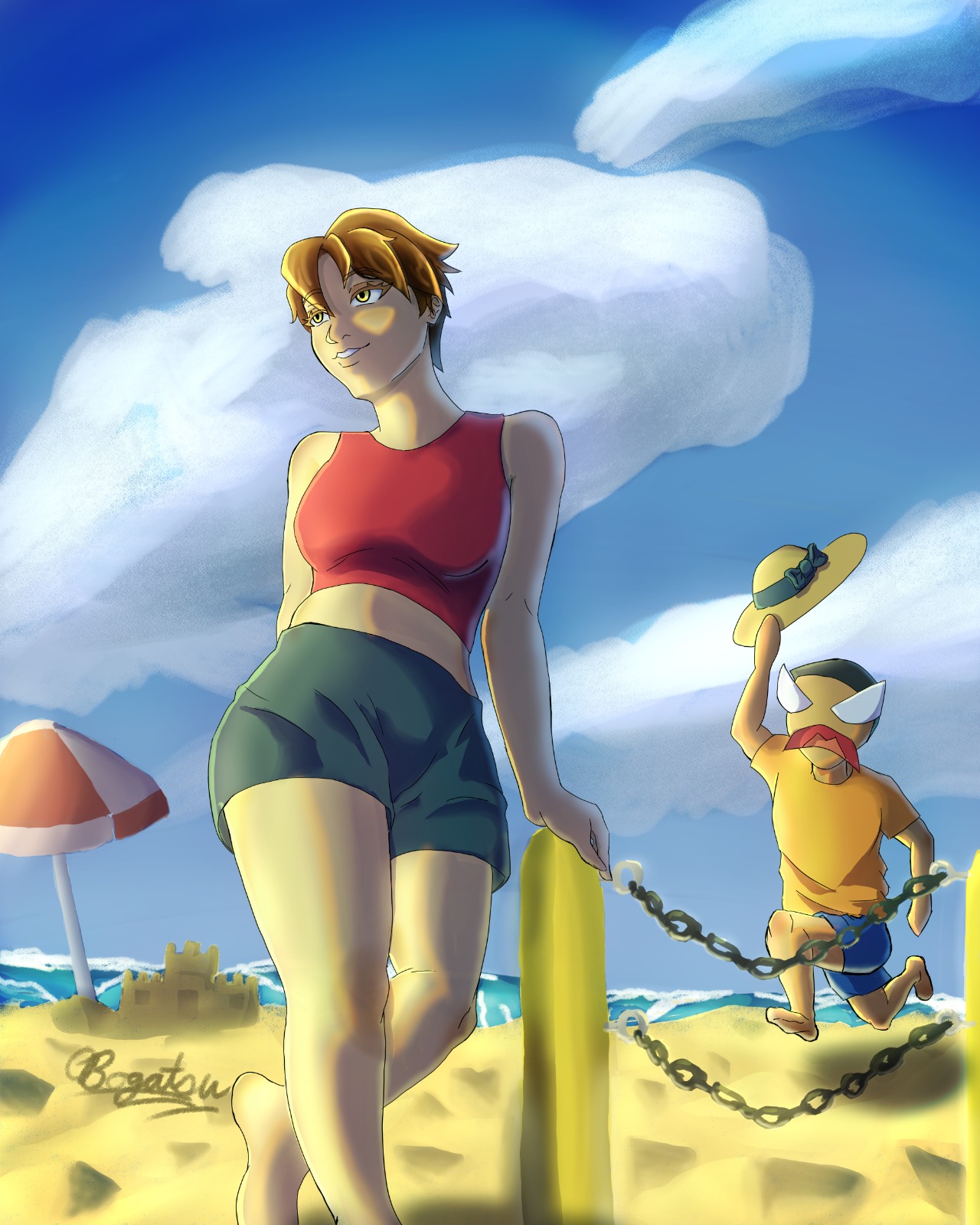 Beach Day with Princess Cordelia by Oarabile Bogatsu, a vibrant beach scene with a female figure in red and dark shorts