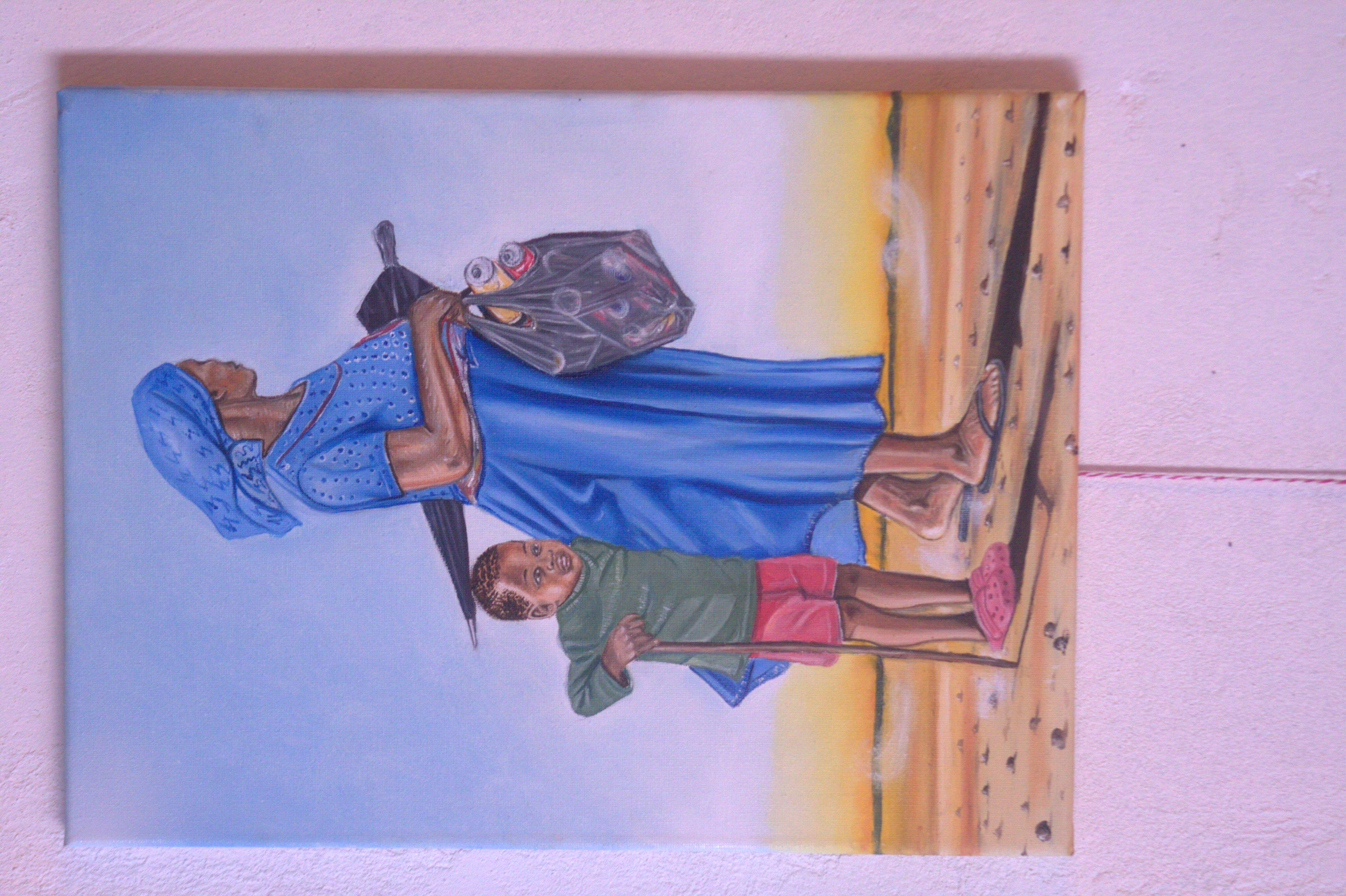 Resilience on the Road by Onalethata Joseph, painting of woman and child in arid landscape