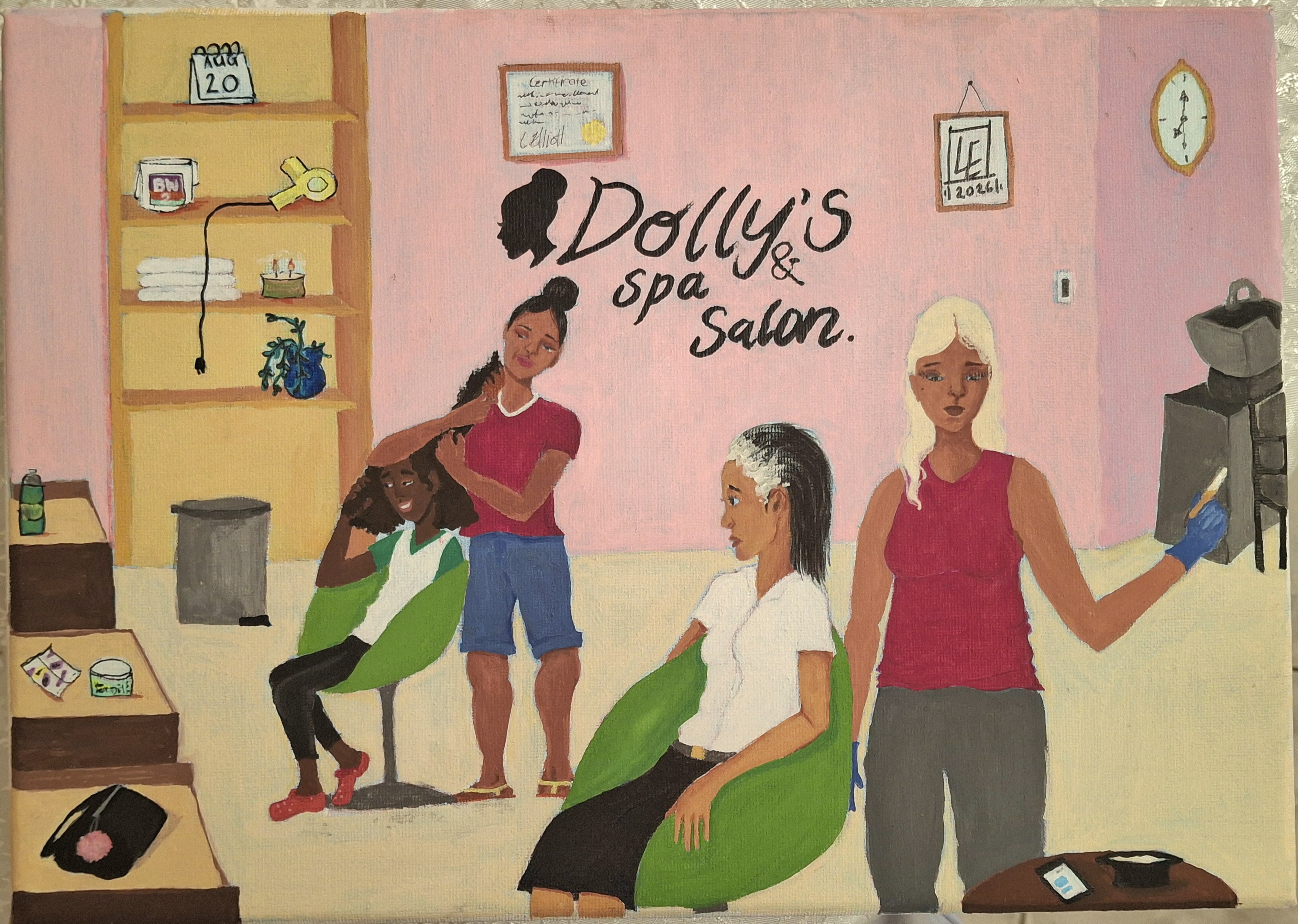 Dolly's Hair Salon by Loriana Elliott, depicting a lively salon scene