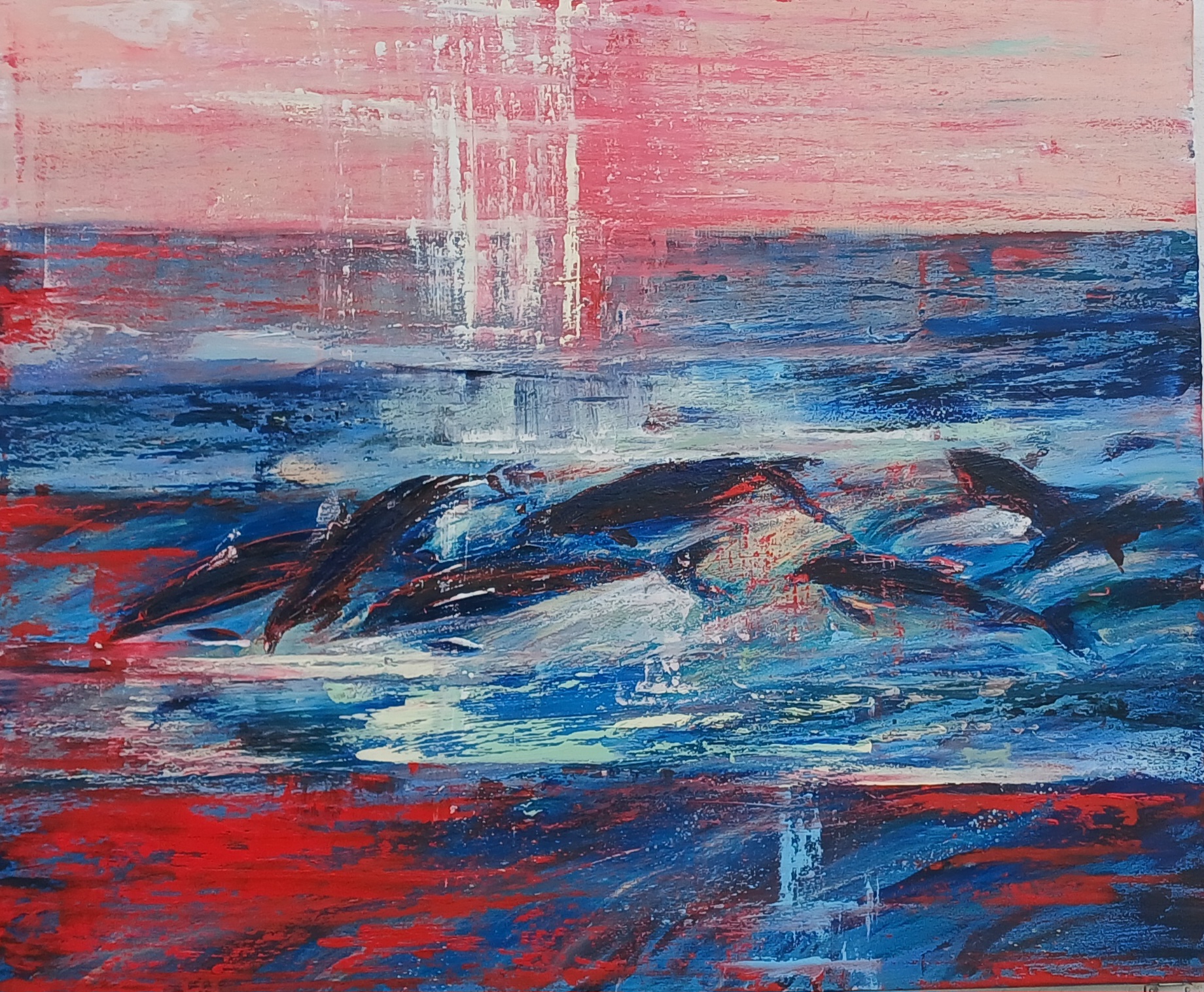 RED TIDES by Daniela Gwercher, abstract seascape with red, blue, and white tones