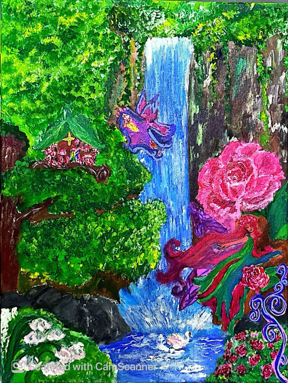 Whispers of the Enchanted Falls by Bethany, vibrant forest scene with cascading waterfall