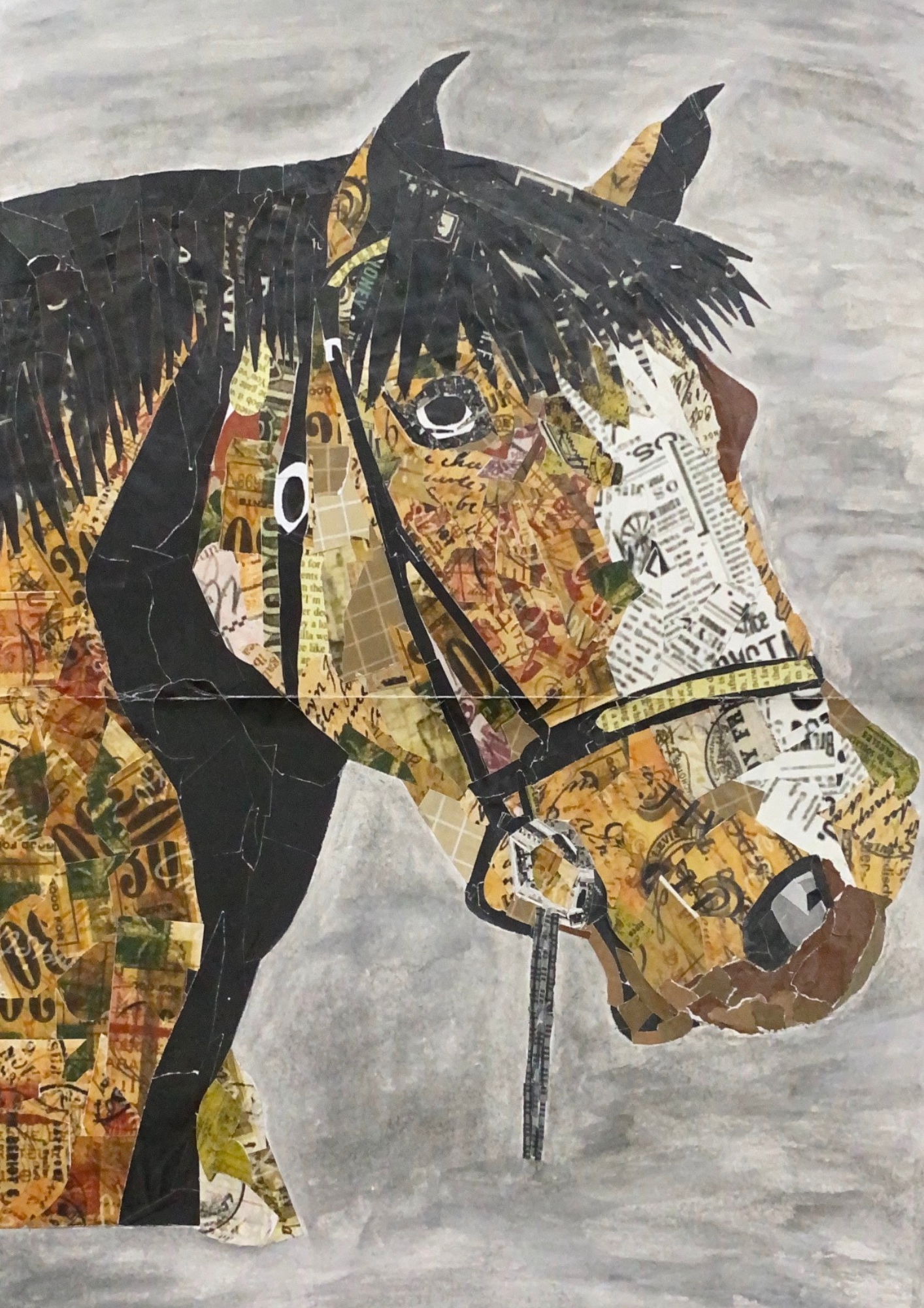A portrait of Horse in the form of Collage by Muhammad Hamzah Yunus, showing a detailed horse head collage with flowing mane.