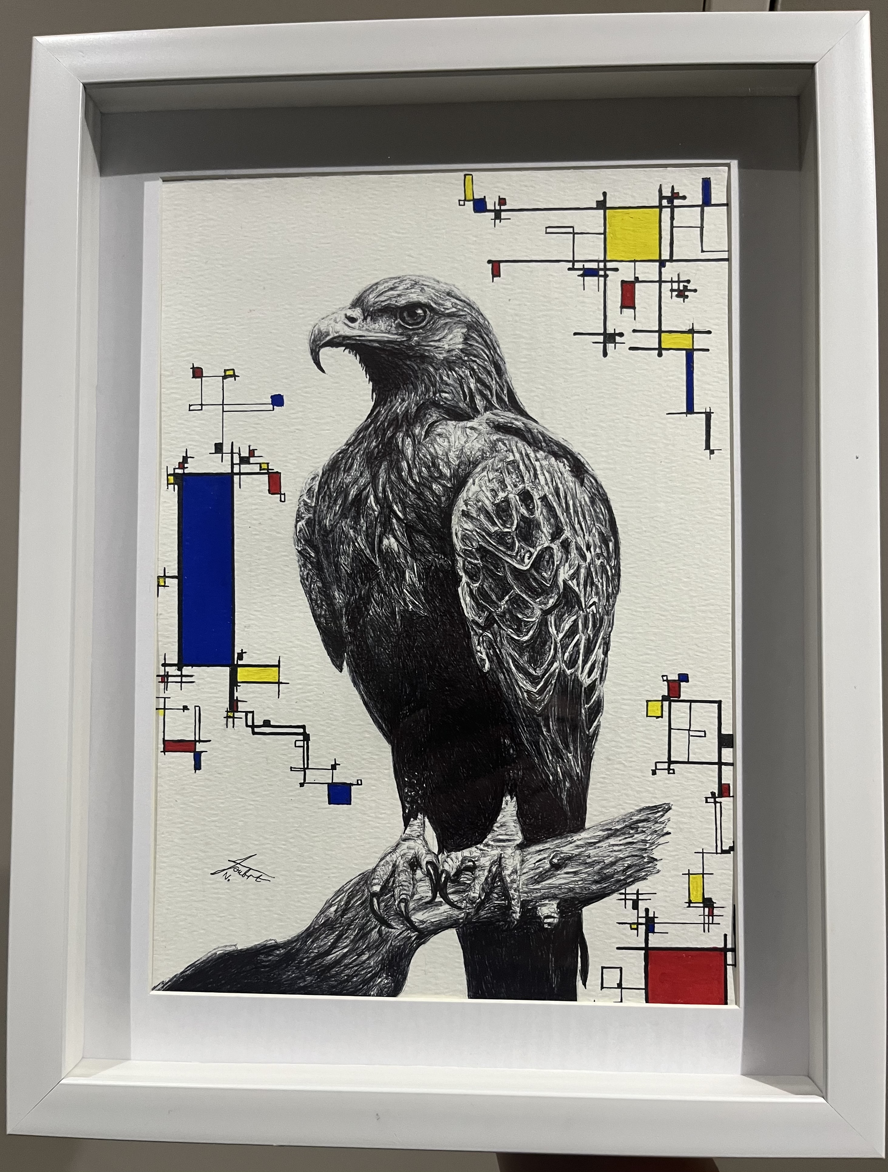 Mondrian’s Eagle by Natasha Joubert, detailed black and white eagle on branch