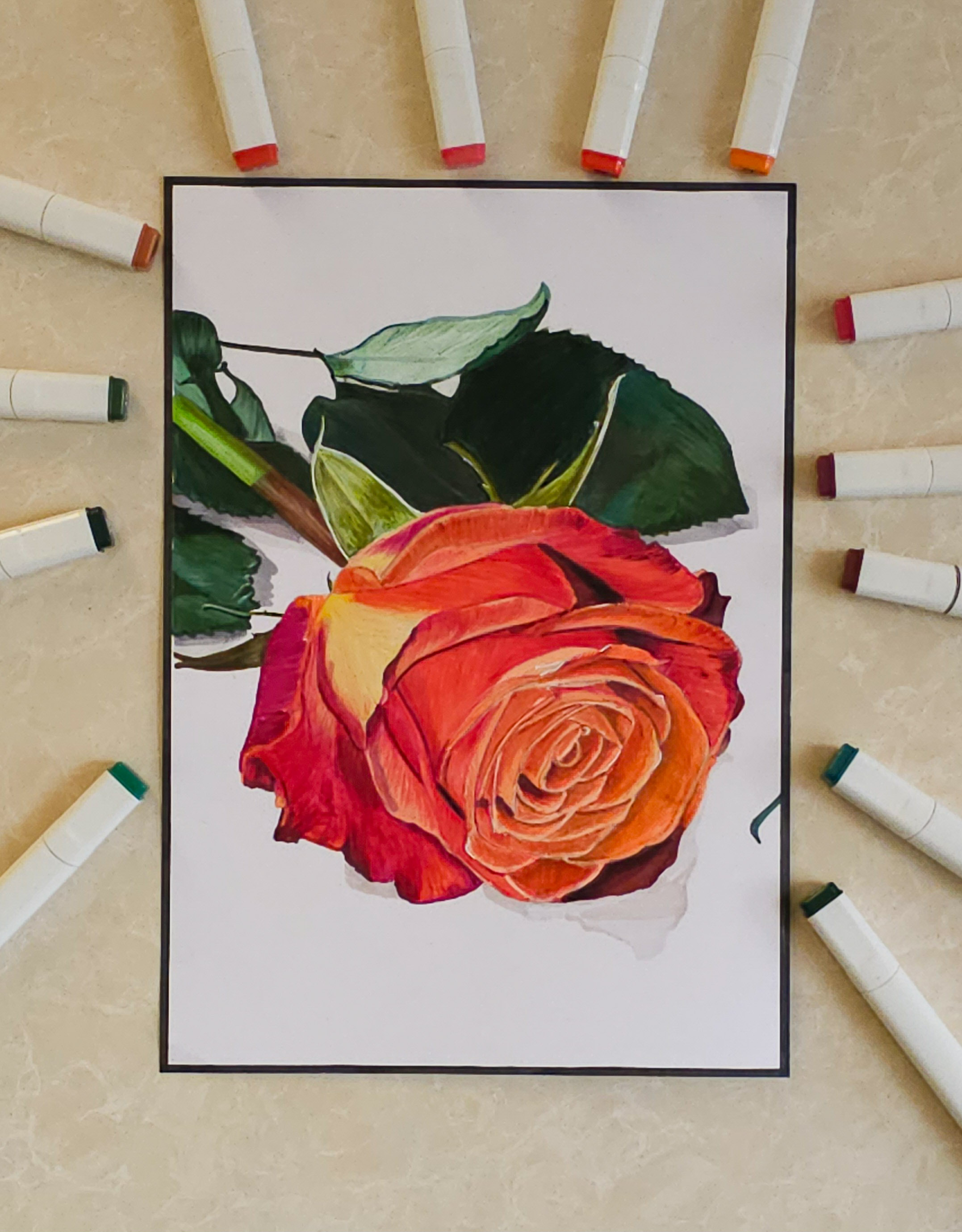 Realism Rose by Rahmat Gouse - detailed depiction of a three-dimensional rose with red, orange, and pink petals