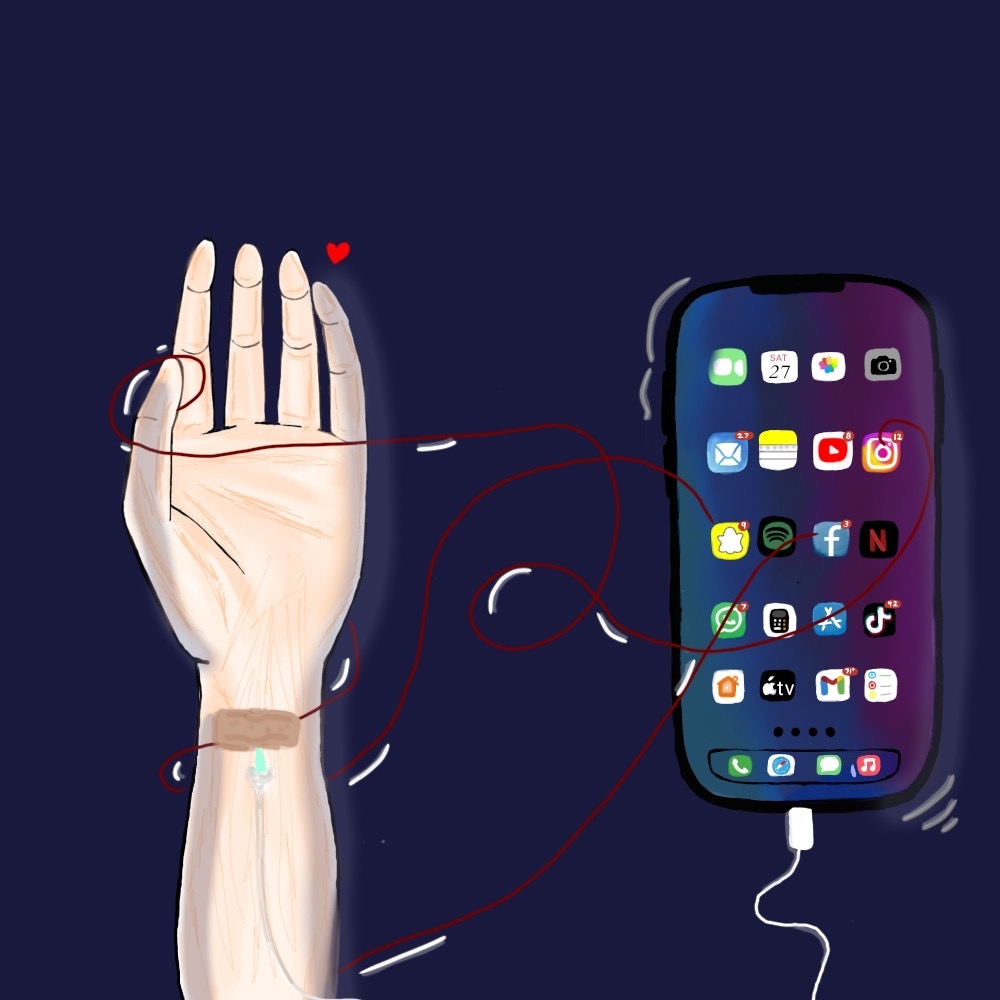Threads of connection by Humna Sandaleen Khan, human hand and smartphone on dark blue
