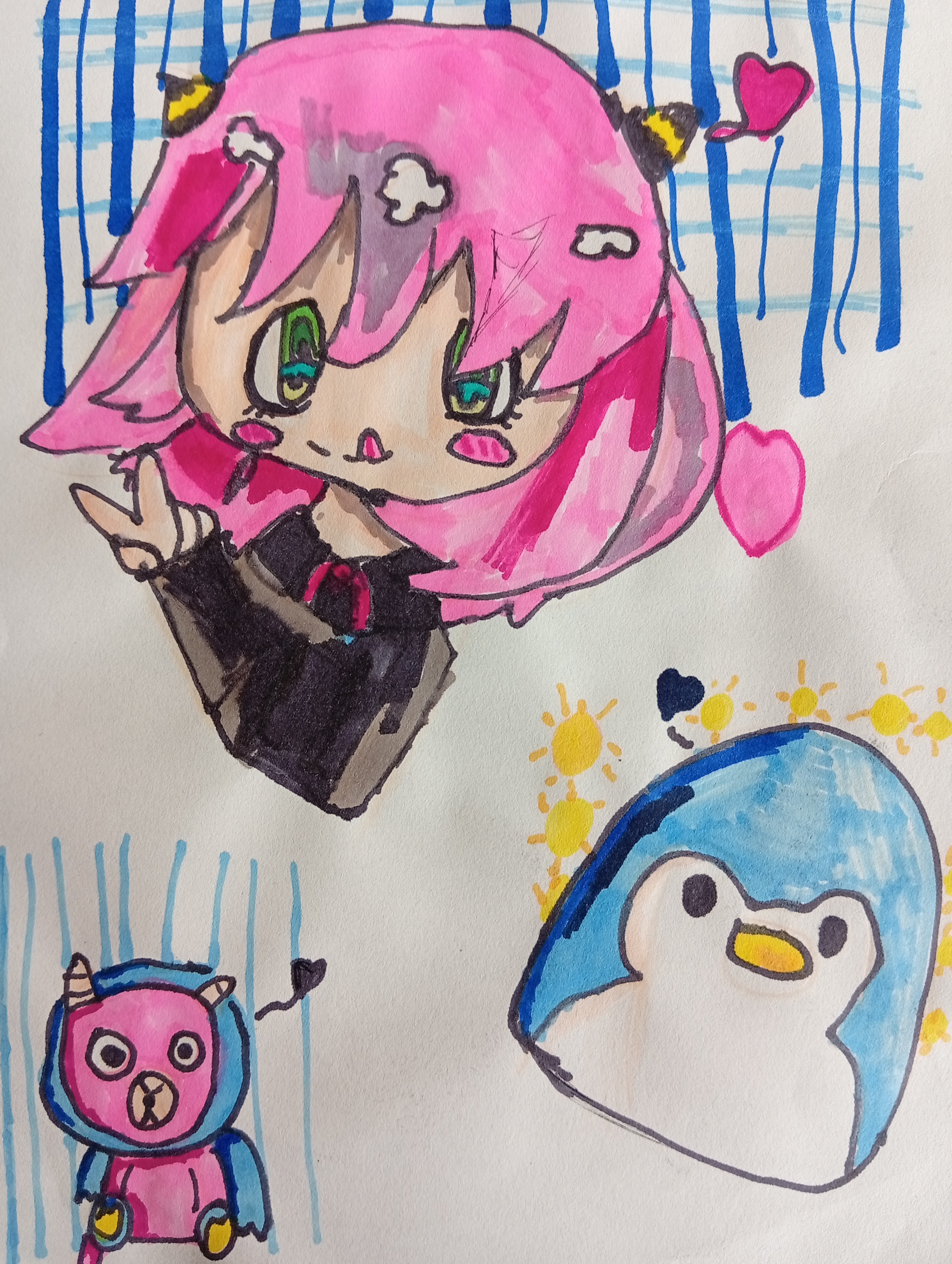 Animation inspiration by Ellie Theron featuring vibrant animated characters with striking pink hair and large green eyes