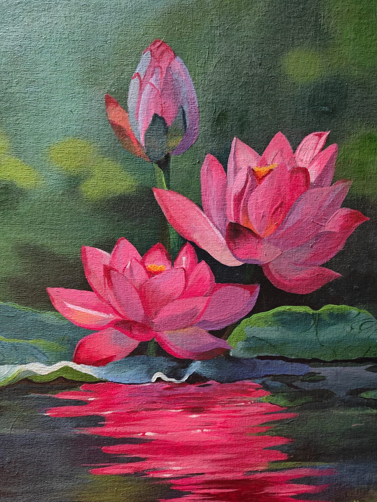 Bloom Beyond the Waters by Hannah Maria Pradeep, vibrant pink lotus flowers on water