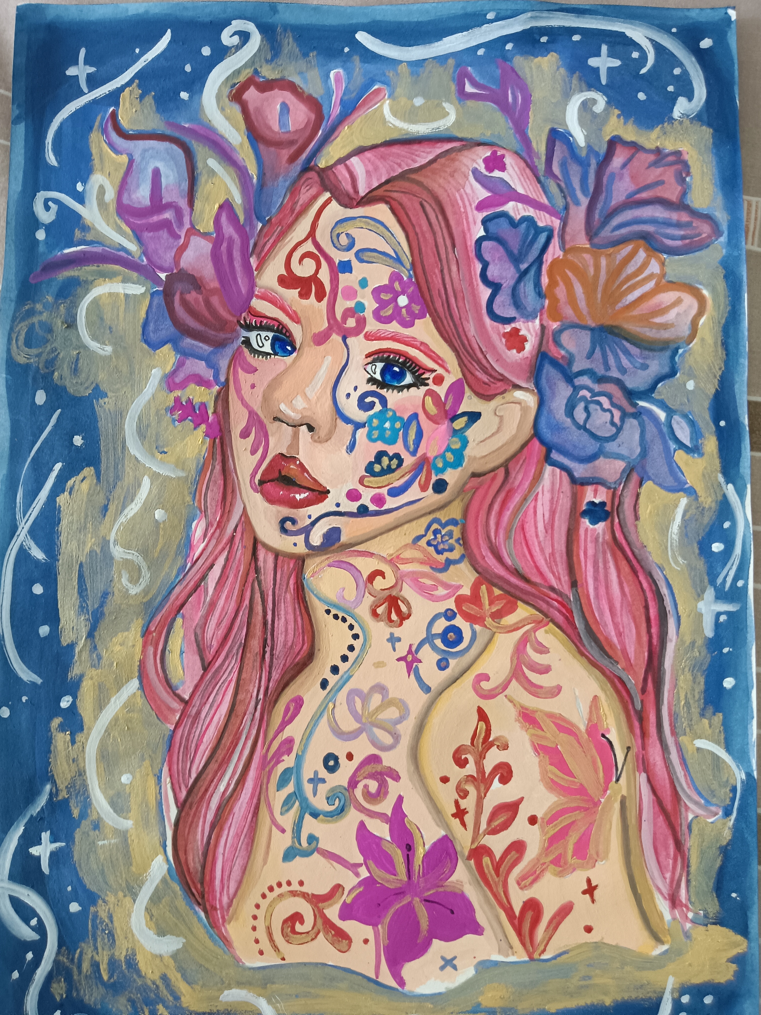 The Model of the women with artistic visuals by Vanessa Yeoh, woman with pink hair and vibrant tattoos