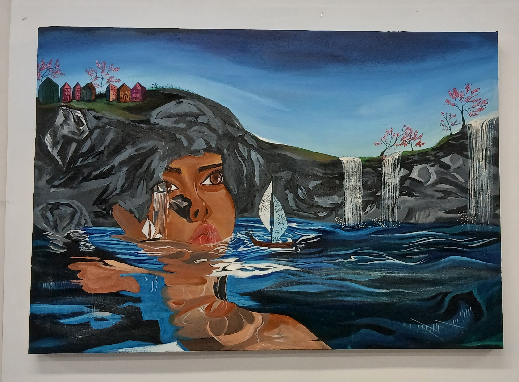 Save our life by HEER PATIL, a surreal depiction of a female face in water