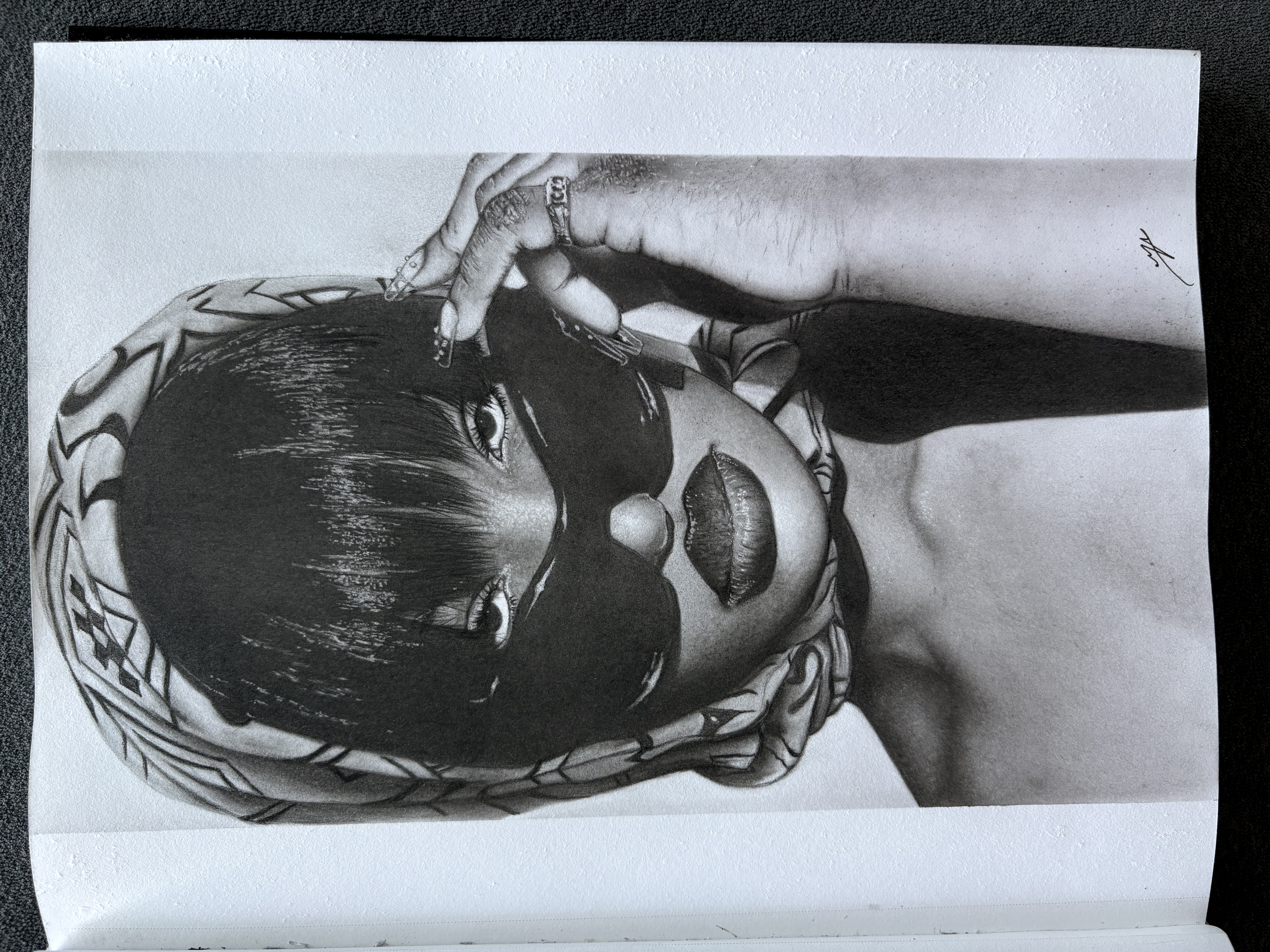 Tems by Nathanael Morris-Mckenzie, charcoal portrait of a woman in a headscarf and sunglasses