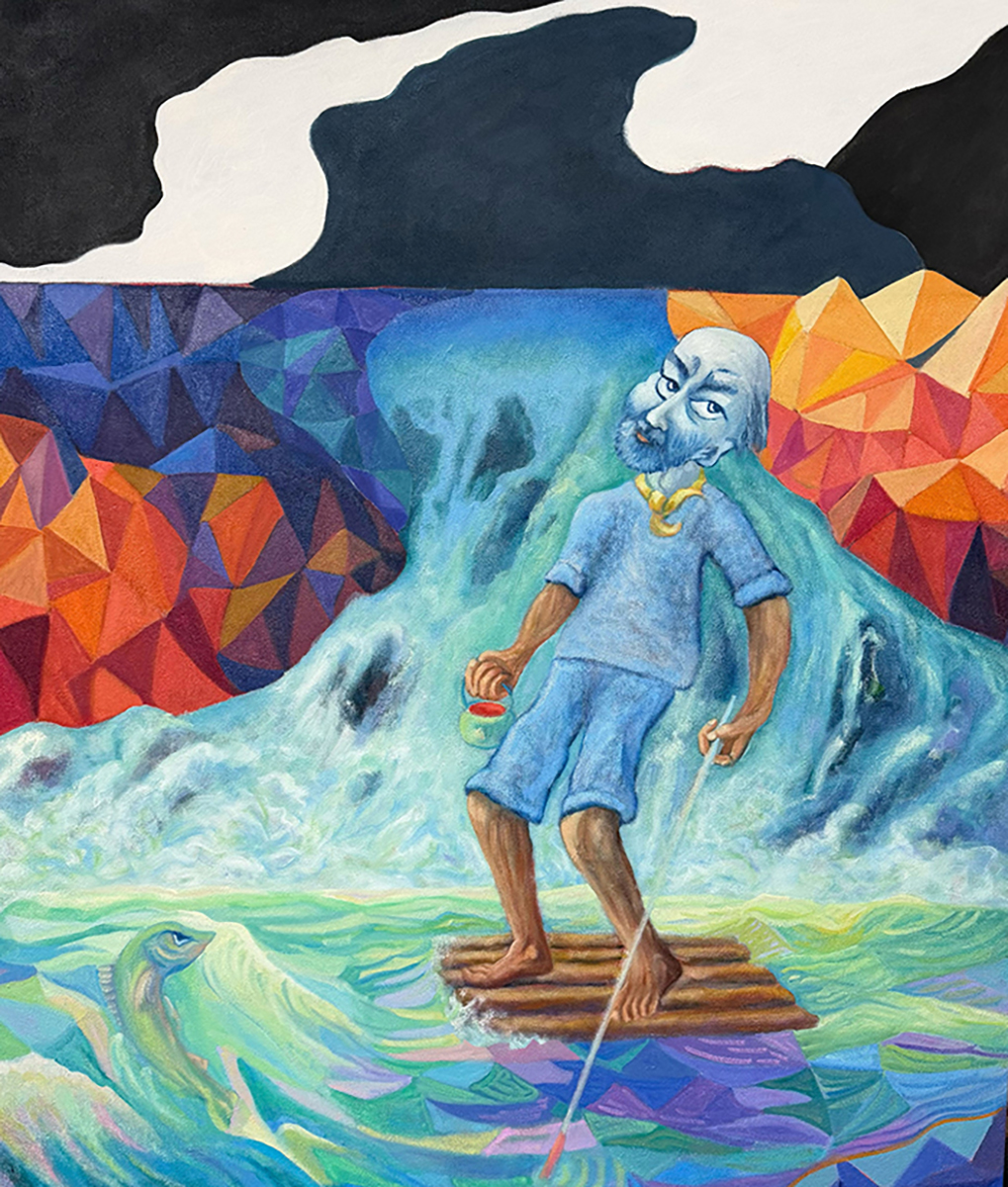 Journey 47 by John Domont, figure on makeshift raft with golden accessory