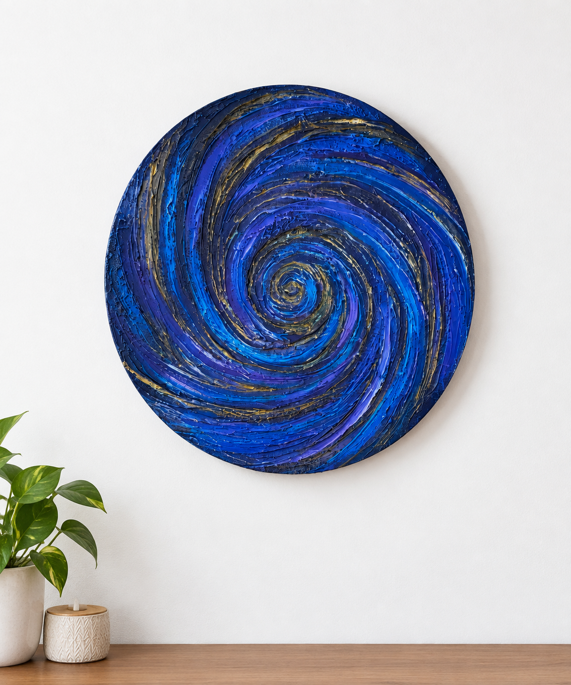 Blue flow by Hasna Musawvir, swirling blue vortex with gold accents