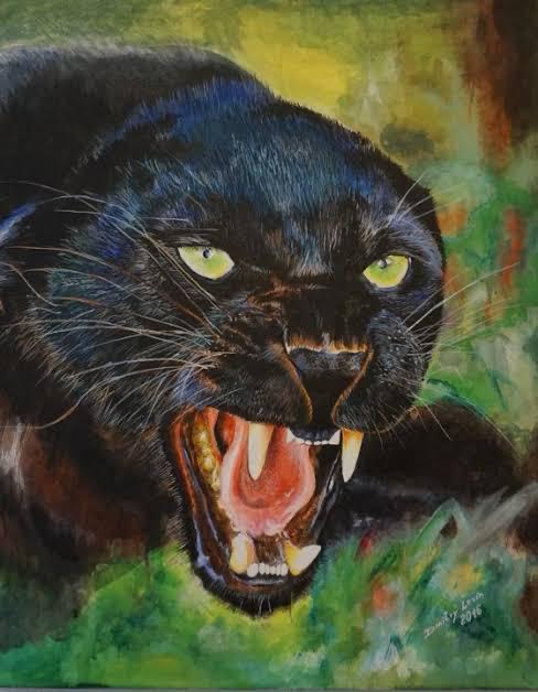 Jaguar by Jana Coetzee, striking jaguar with open mouth and fierce expression