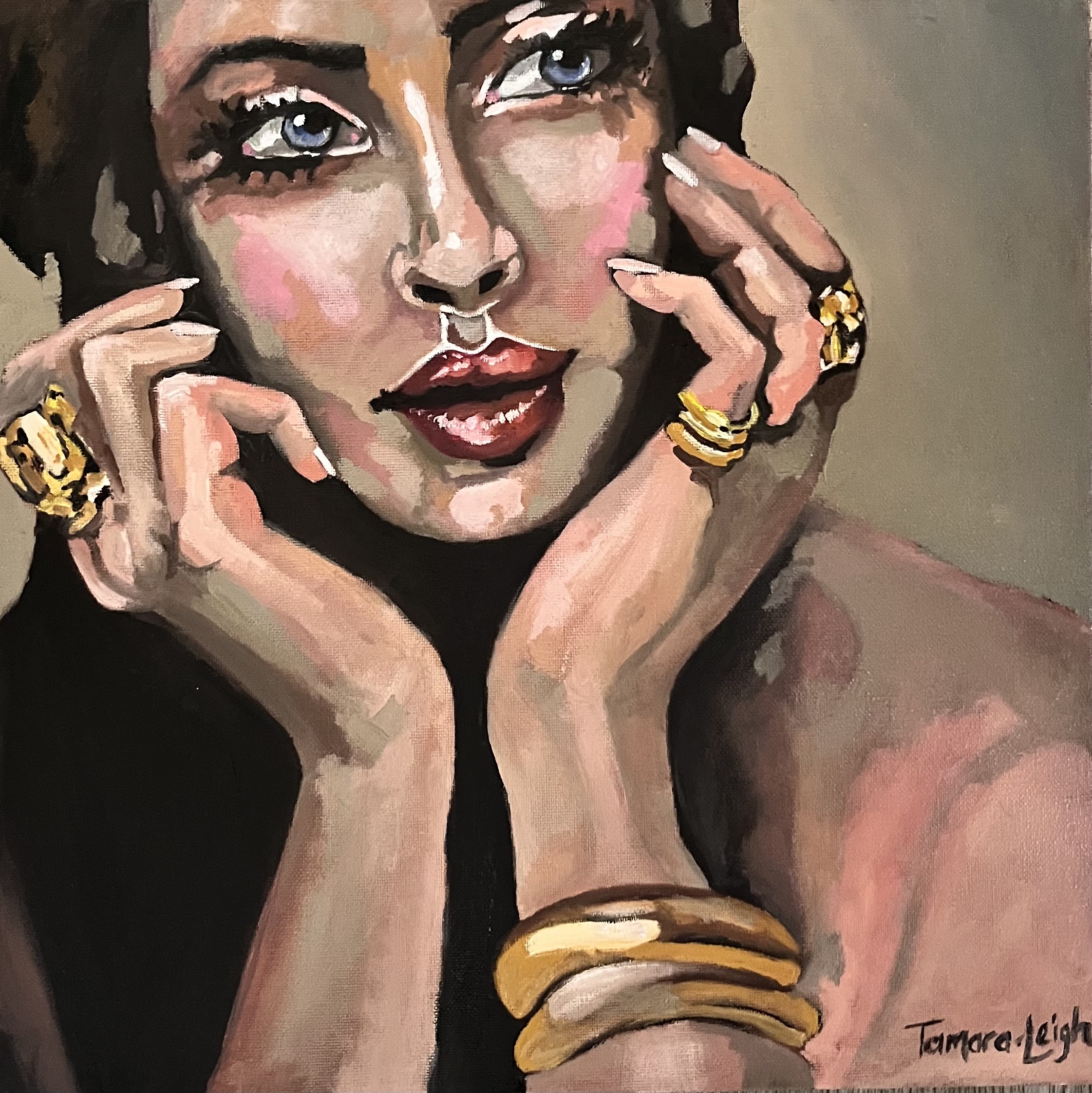 Layla by Tamara~Leigh Jacobs - portrait of a woman with serene expression and gold jewelry