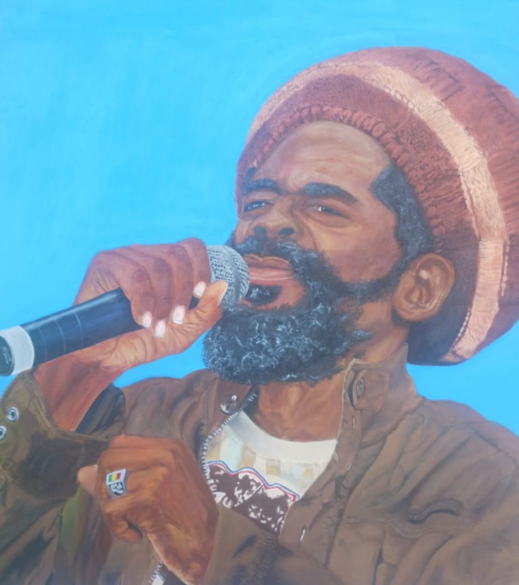 Tribute by Cammare Carnegie, portrait of a man singing with a brown hat and blue background