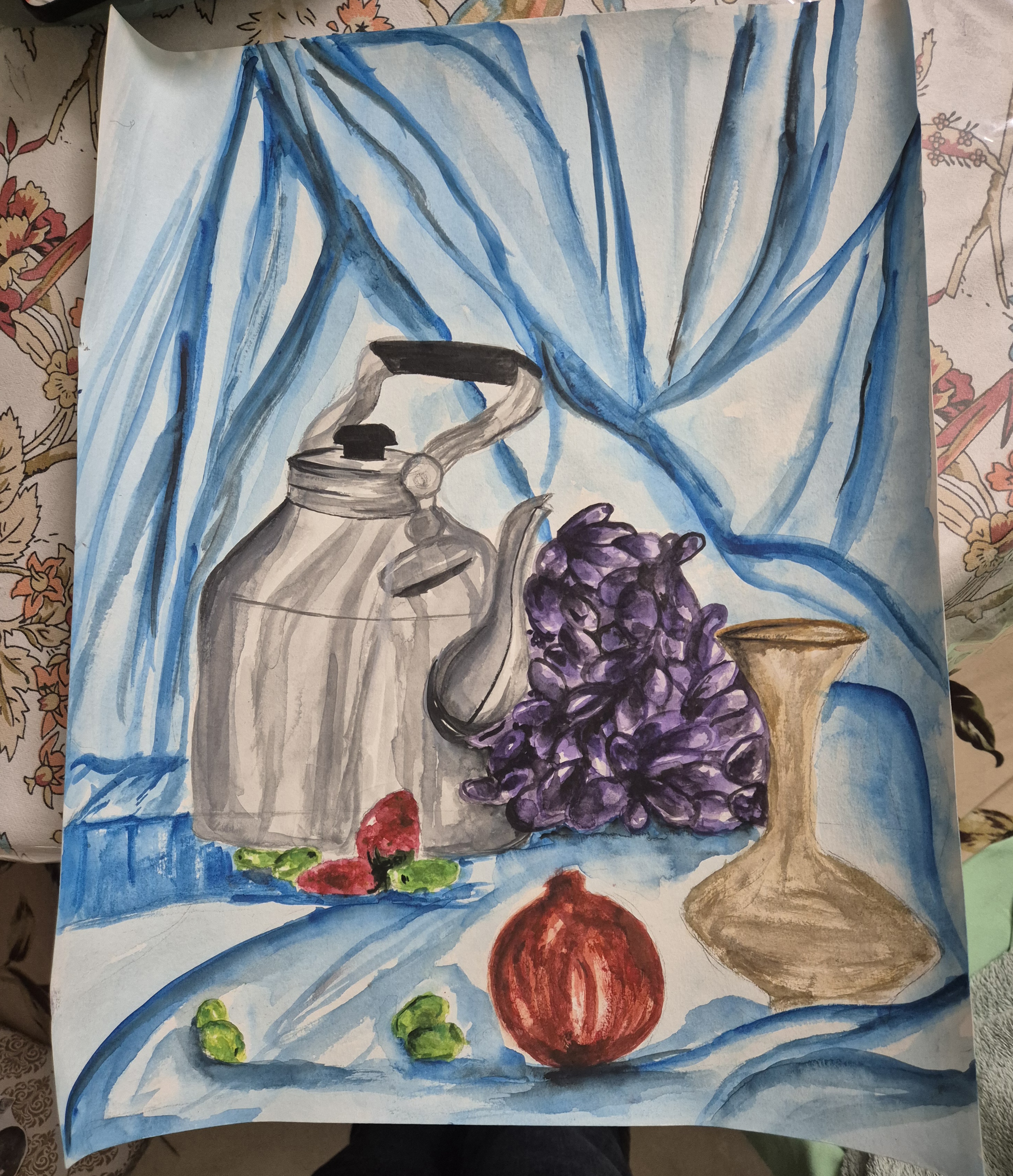Still life by Shivranjini kumari featuring a metallic kettle and purple grapes