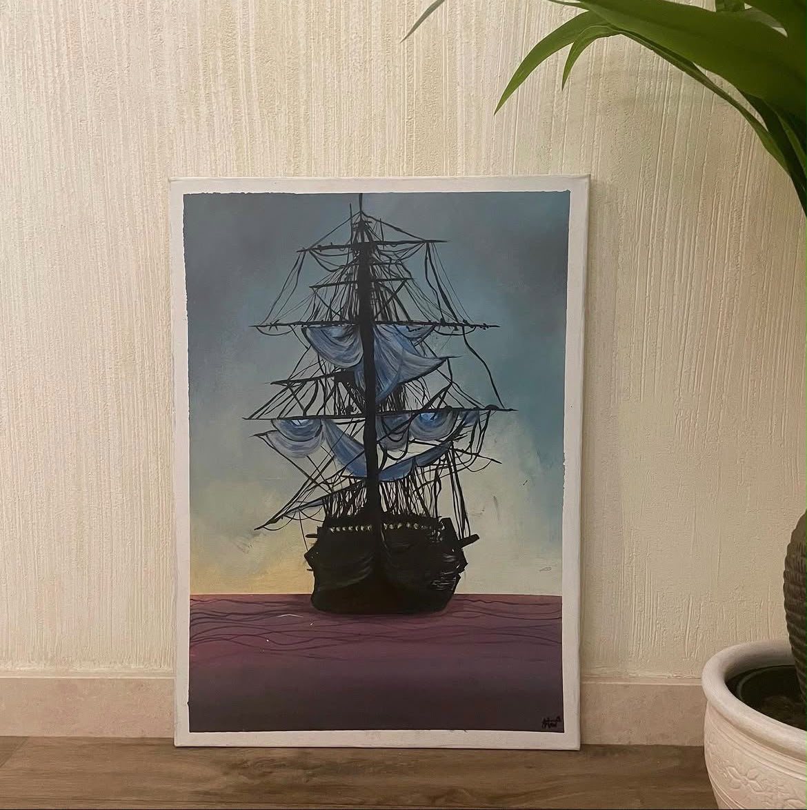 Sails of Solitude by Hiba Waleed Barakat, a solitary ship with detailed sails against a transitioning sky