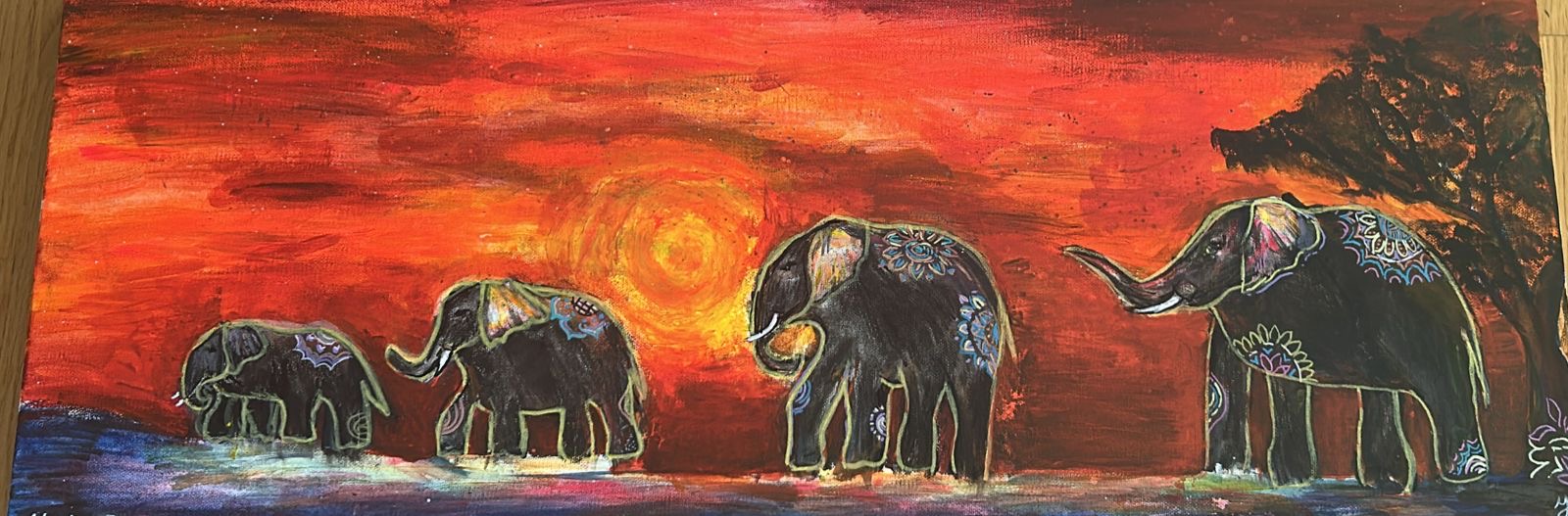 Elephants in Savannas by Lily Mehta, depicting a vibrant sunset and decorated elephants