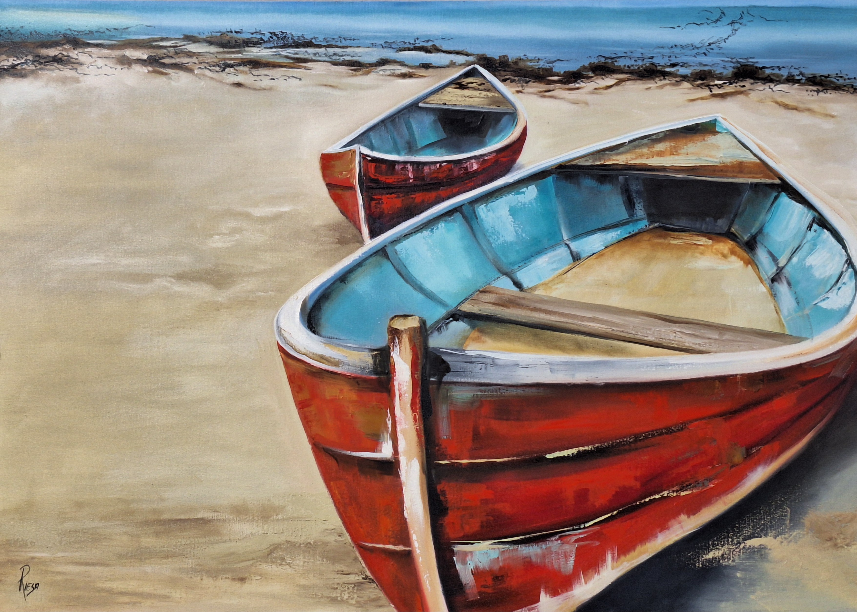 Between tides by Riesa Maree, two wooden boats on a sandy beach in red and teal