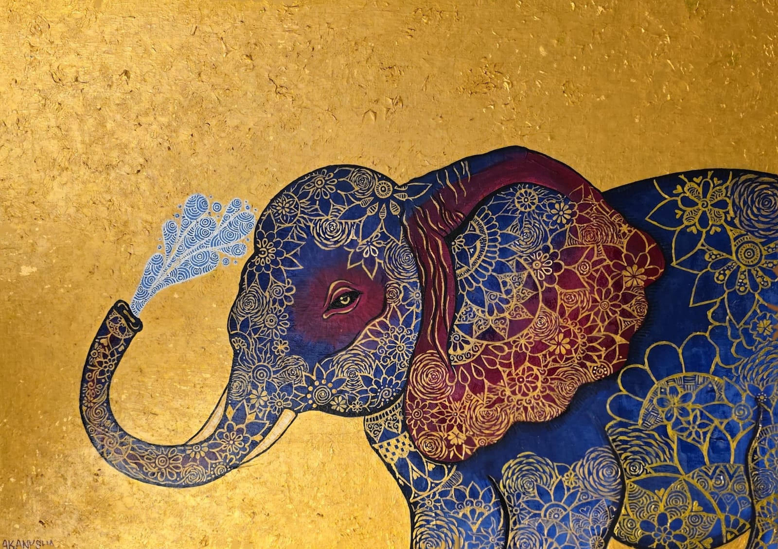 Elephant of the Fourfold Golden Realm by Akanksha Mahapatra, detailed elephant with patterns and golden background