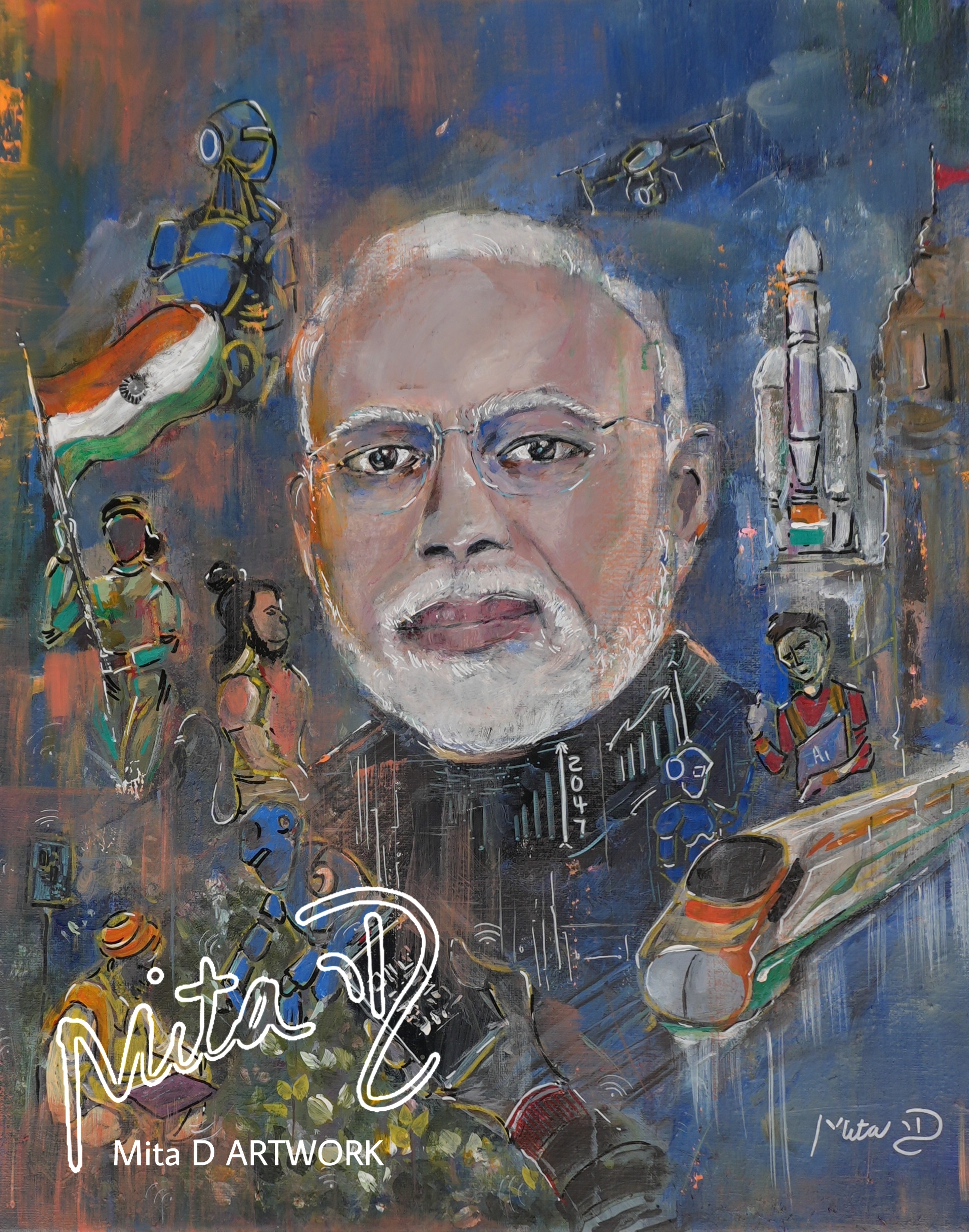 From chaiwala to President by Mita Daya, portrait of elderly man with symbolic elements