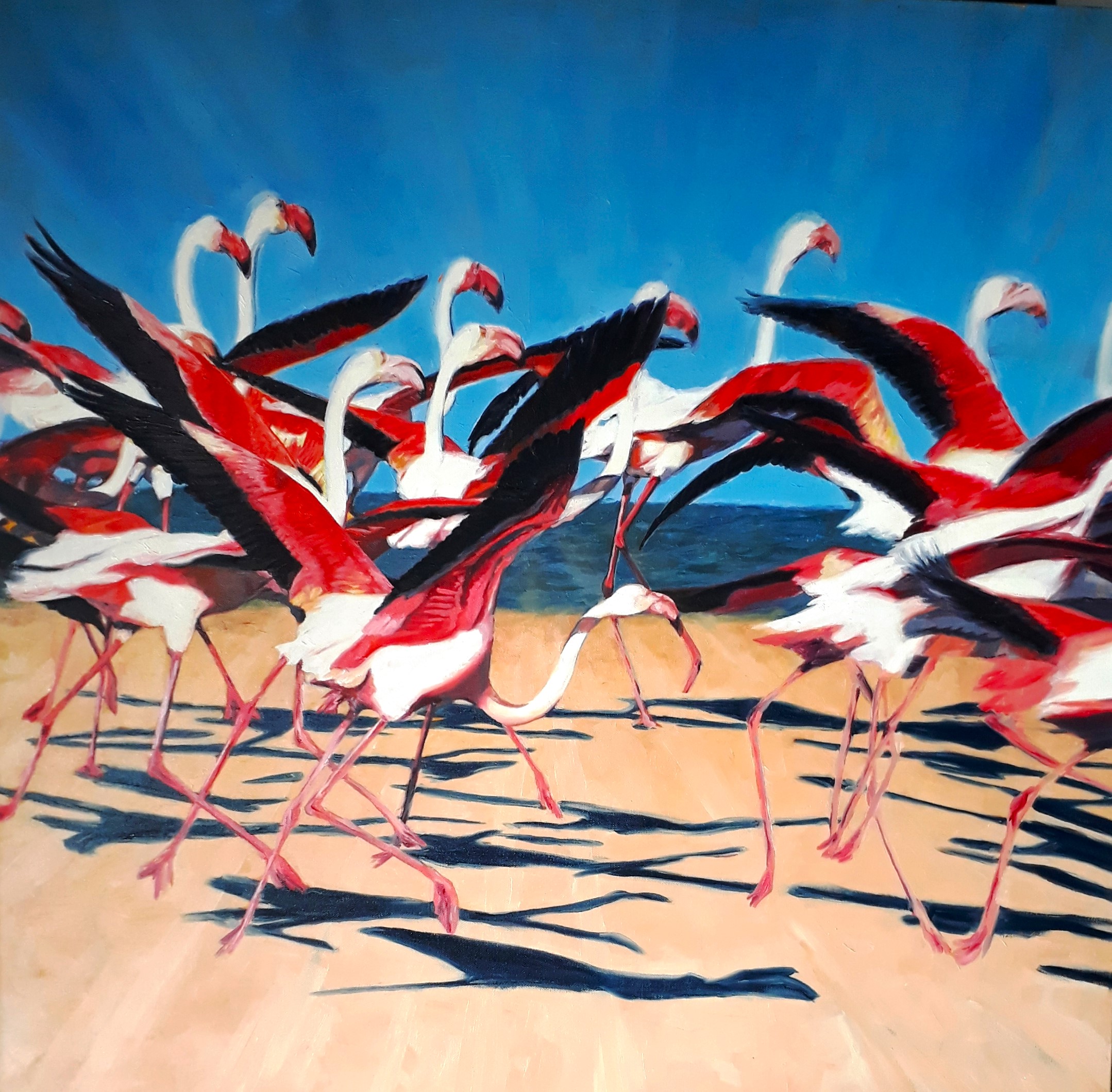 Taking Flight by Yvette Mey - flamingos in motion on a beach