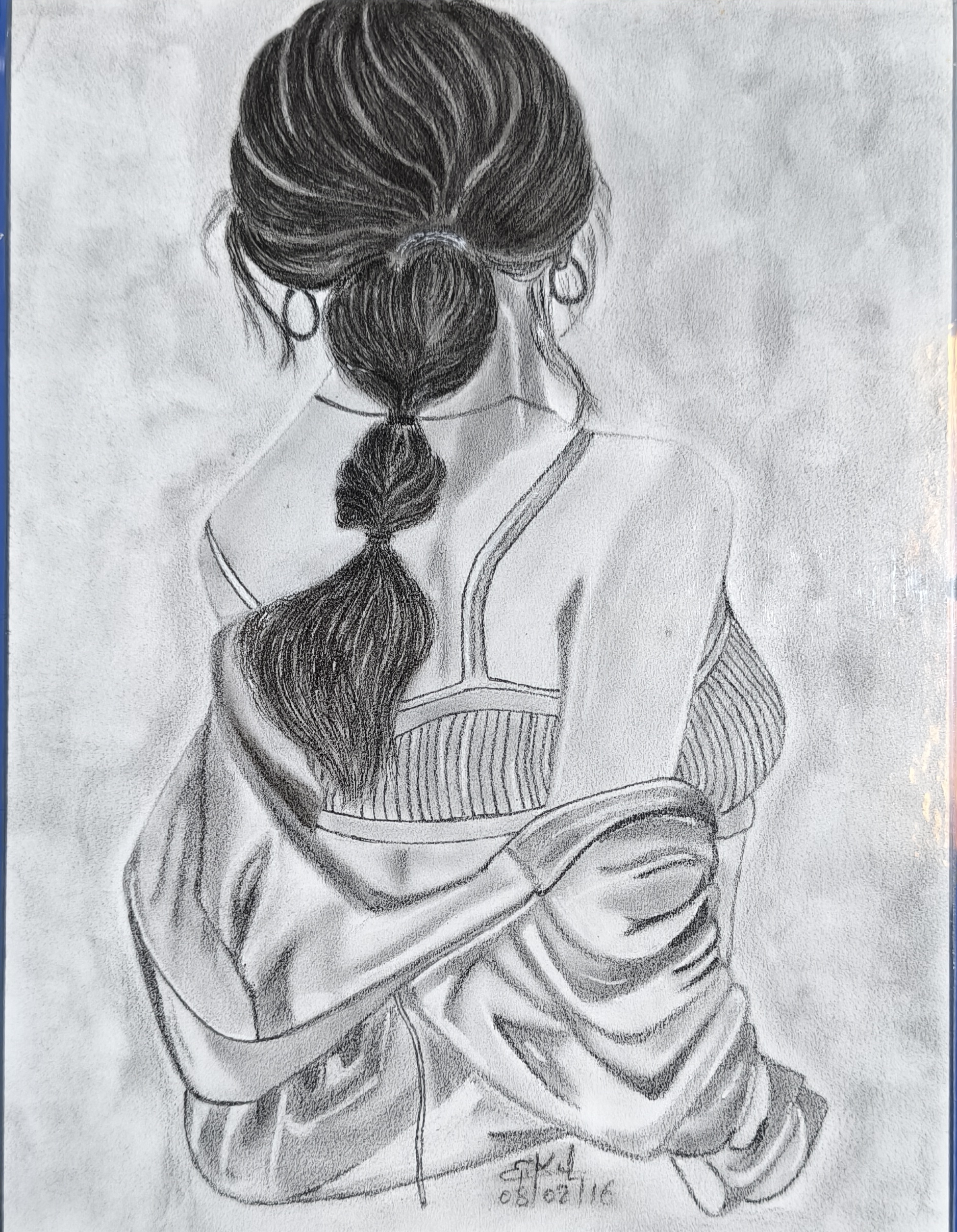 Grace from behind by bikul kamboj, rear view of a woman in a striped tank top with braided hair