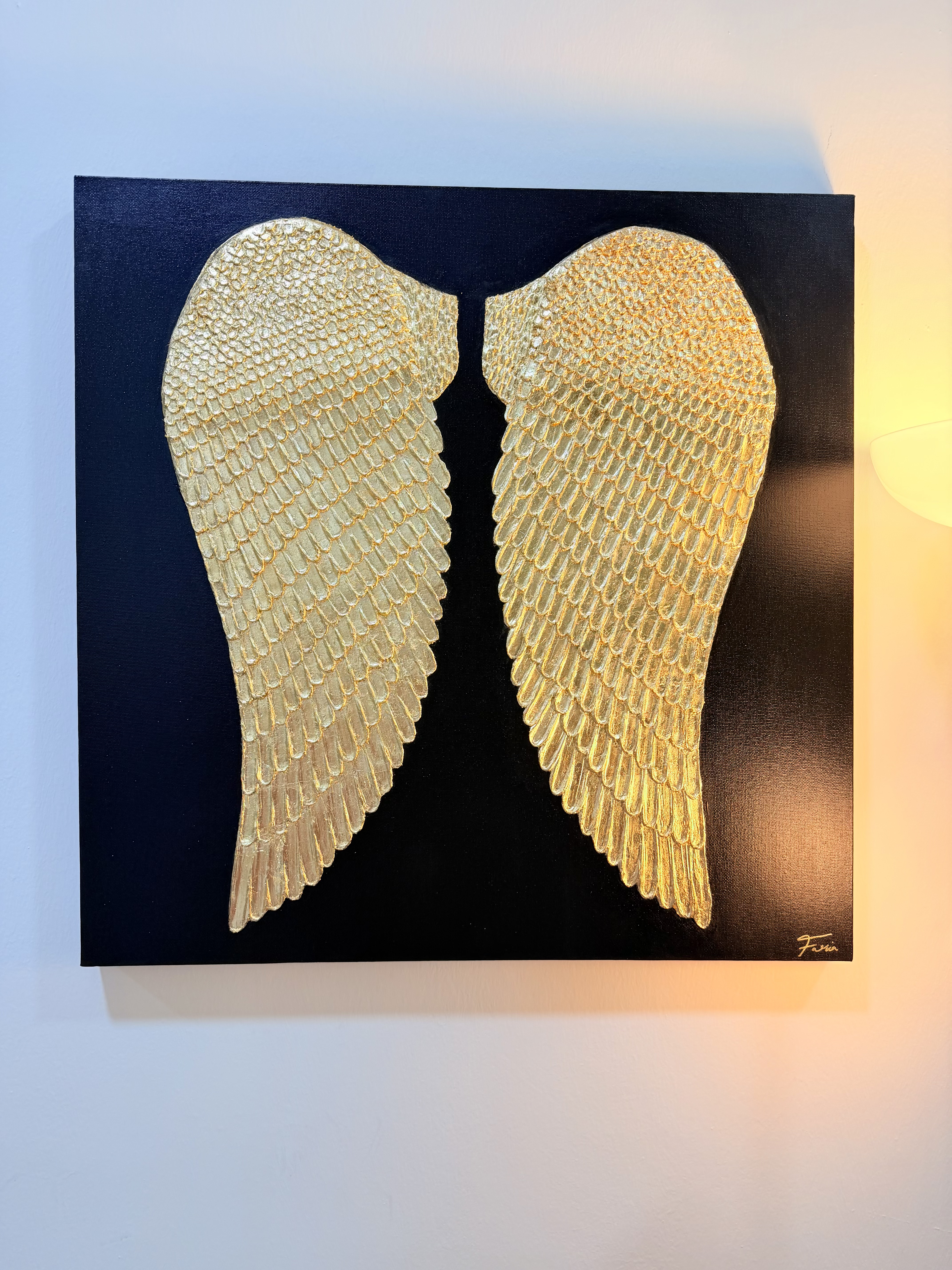 Wings of Opulence by Faria Bux, textured golden wings on black