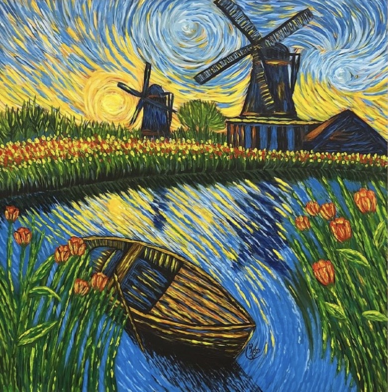 Zaanse Schans -Netherlands by Noor AlShamaileh, landscape with windmills and tulips