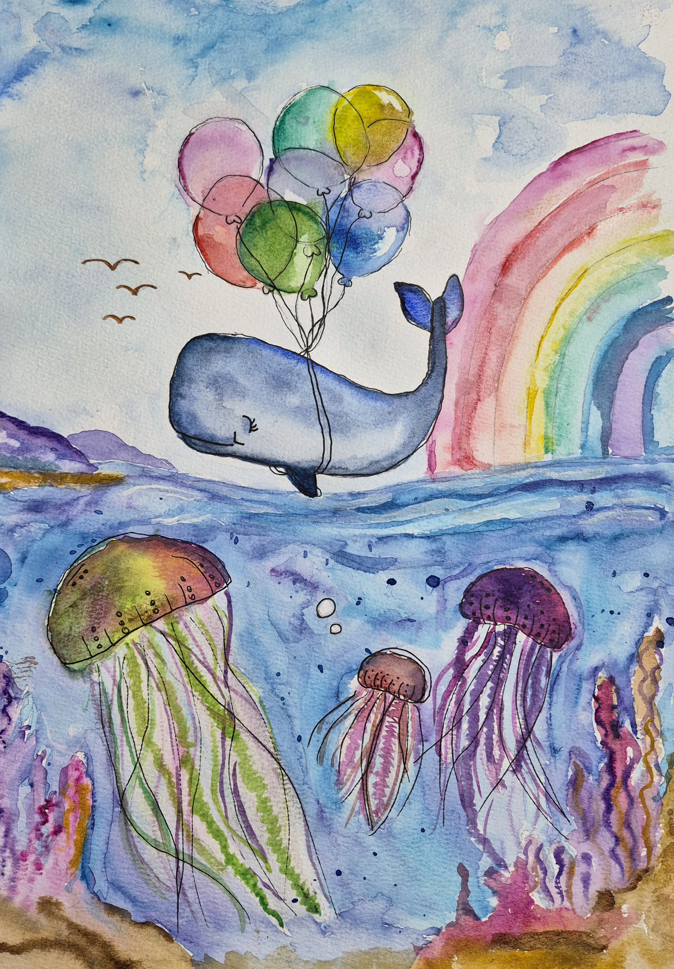 If whales could fly by Rulandi Potgieter, watercolor painting of a whale with balloons
