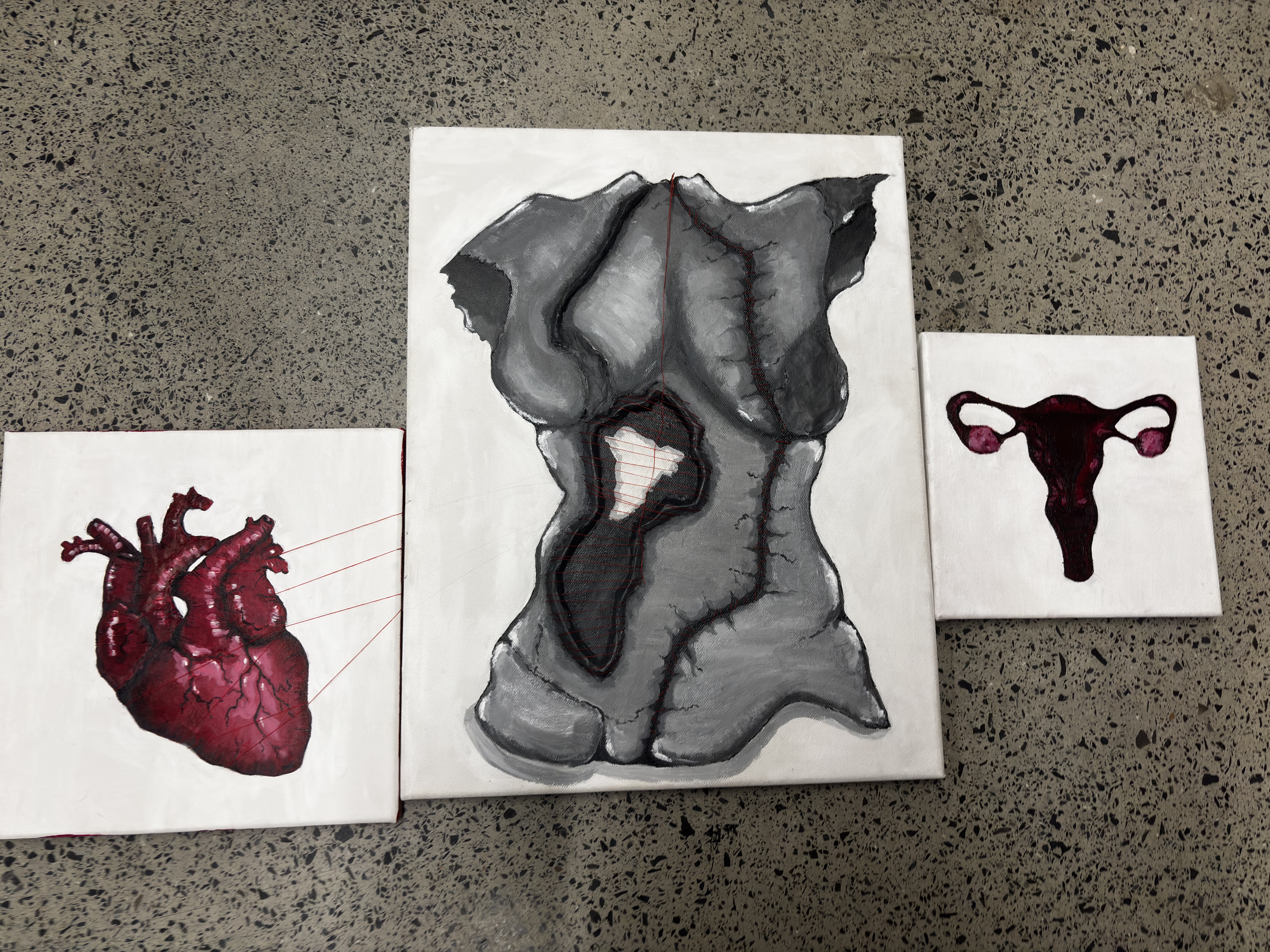 Scars in society; grief by Jadelyn Kamp, three canvases with a human heart and speckled gray surface