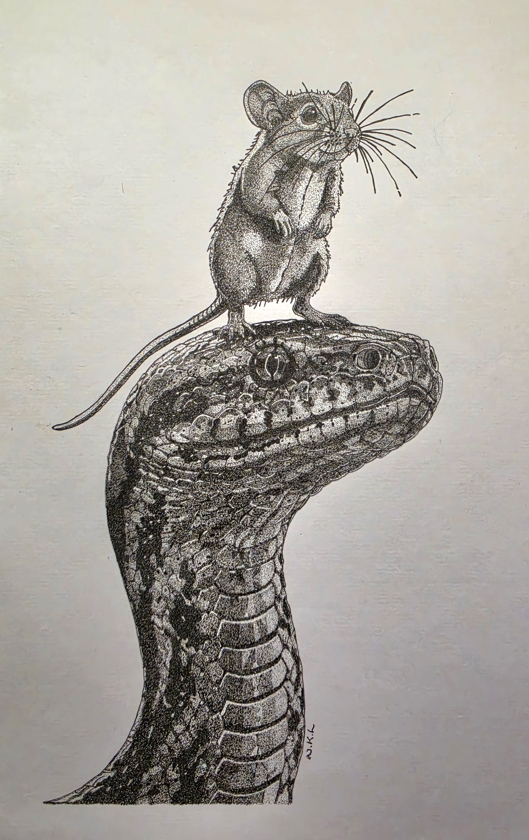 Against All Odds by Nicole Kim Larsen, mouse atop a snake with intricate details
