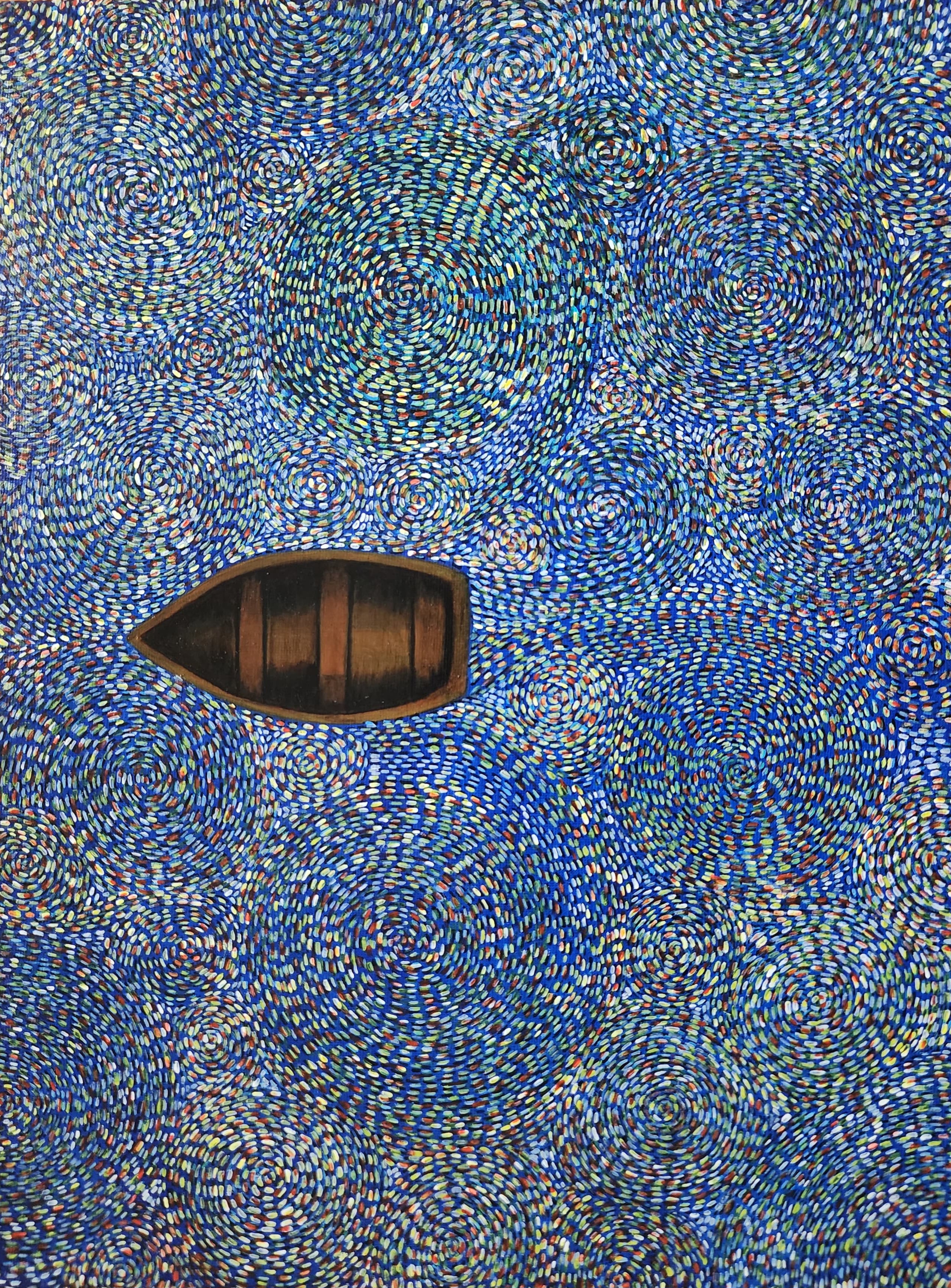 Afloat in Infinity by MH. Amnath Nuha, wooden boat with colorful dots background