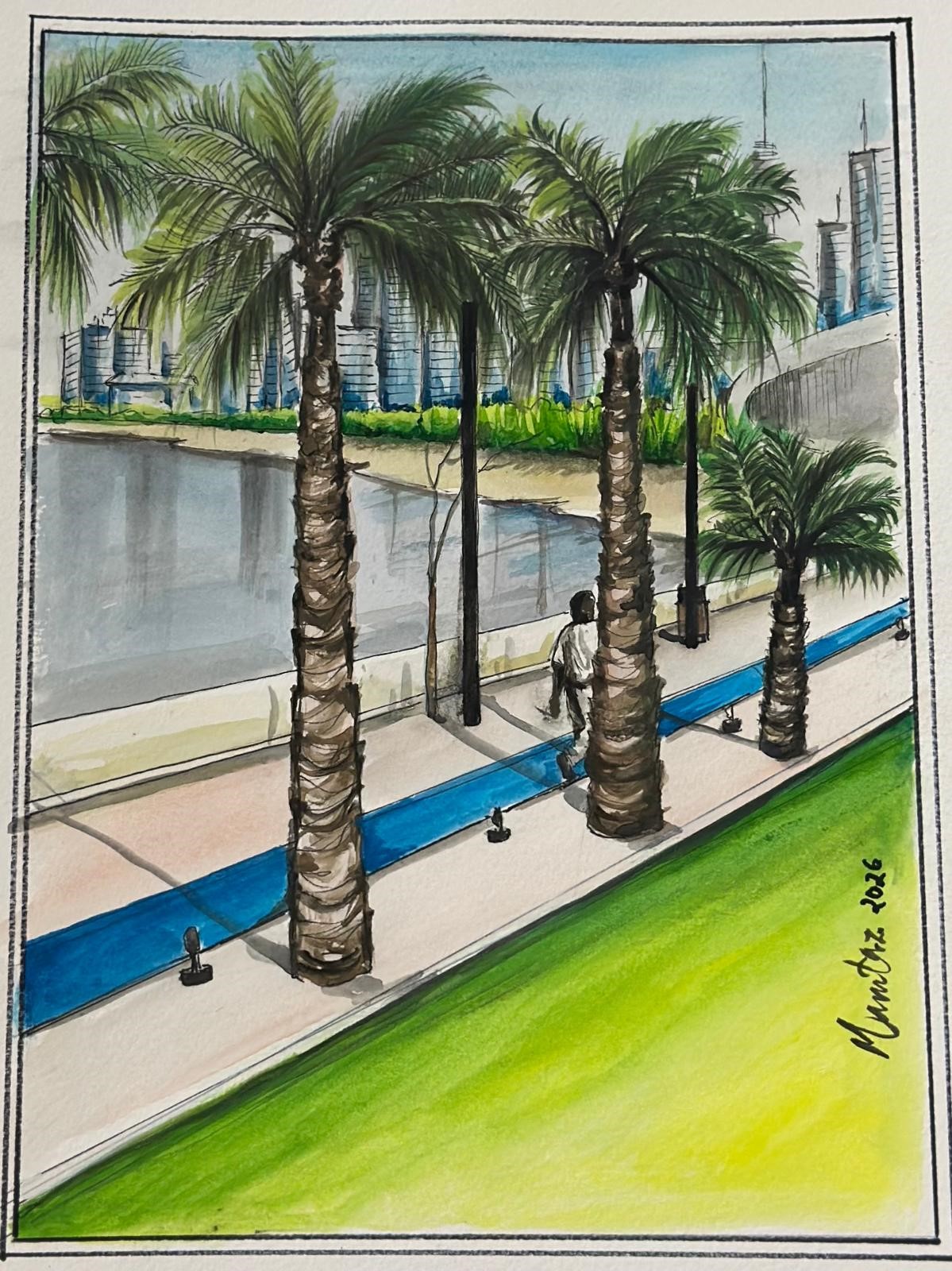 A Serene morning (@ Shuwaikh Beach) by Mumtaz Firoz, depicting a peaceful beach scene with palm trees