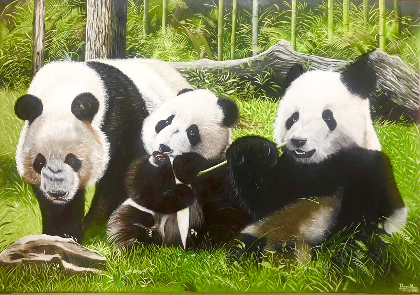 Panda Family Oil Painting on Canvas by Preeti Rajeev Nair, depicting pandas in a lush forest