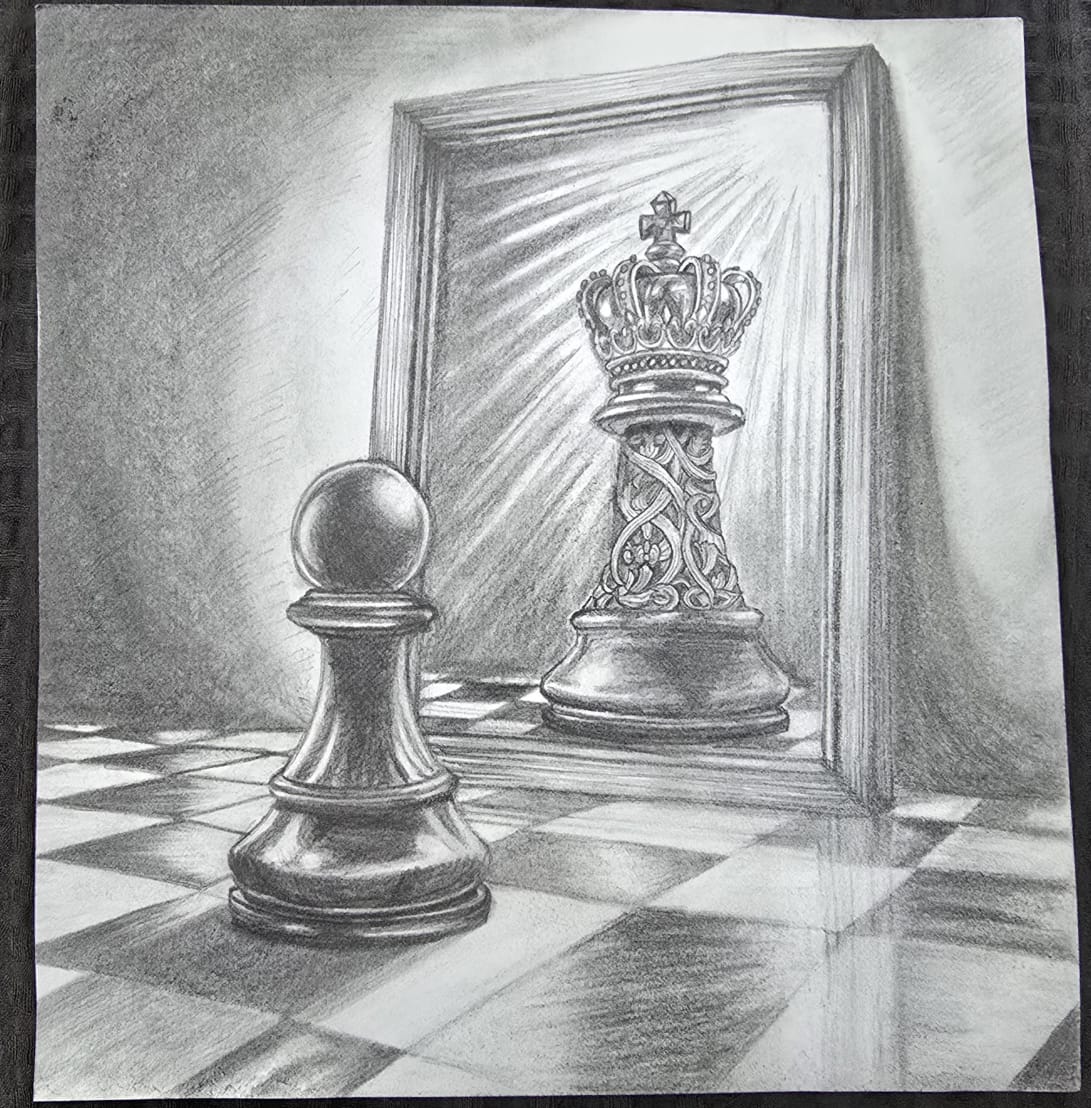 The Power Within by Washma Ahmad, a pawn reflecting a queen in grayscale