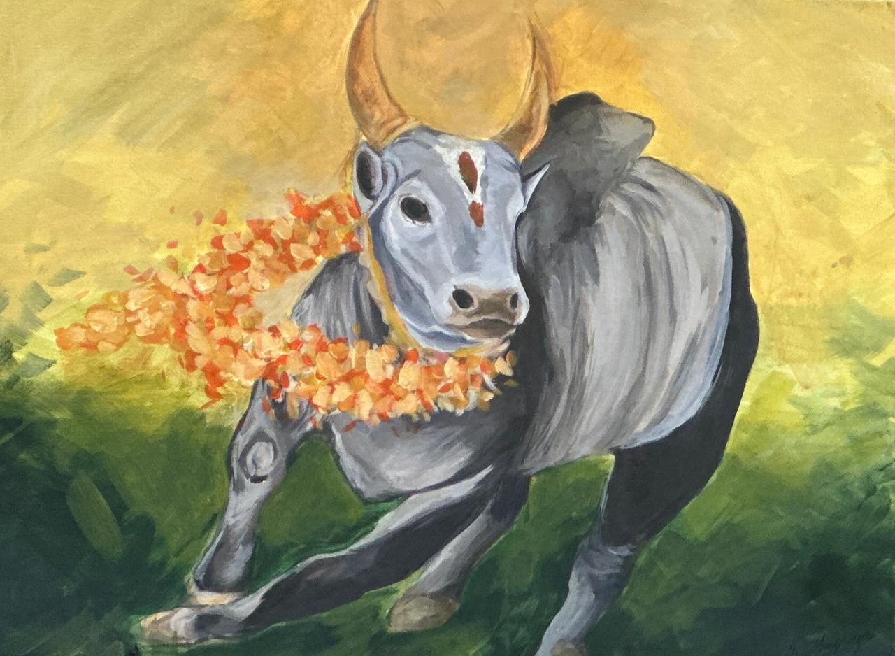Bull Acrylic Painting by Sujithapriya Shenthilkumar depicting a garlanded bull