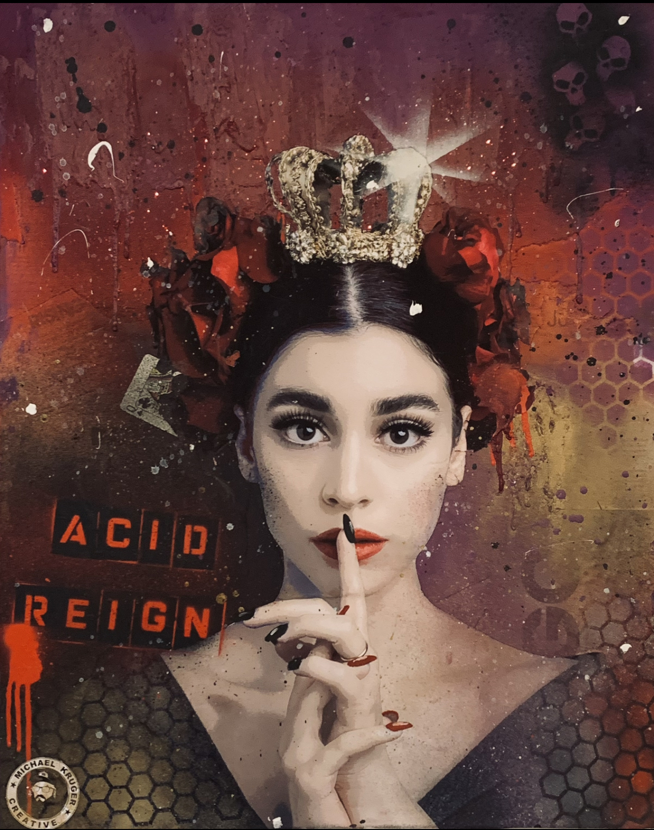 ACID REIGN by MICHAEL KRUGER, a central female figure with a rose crown, dark red and purple hues