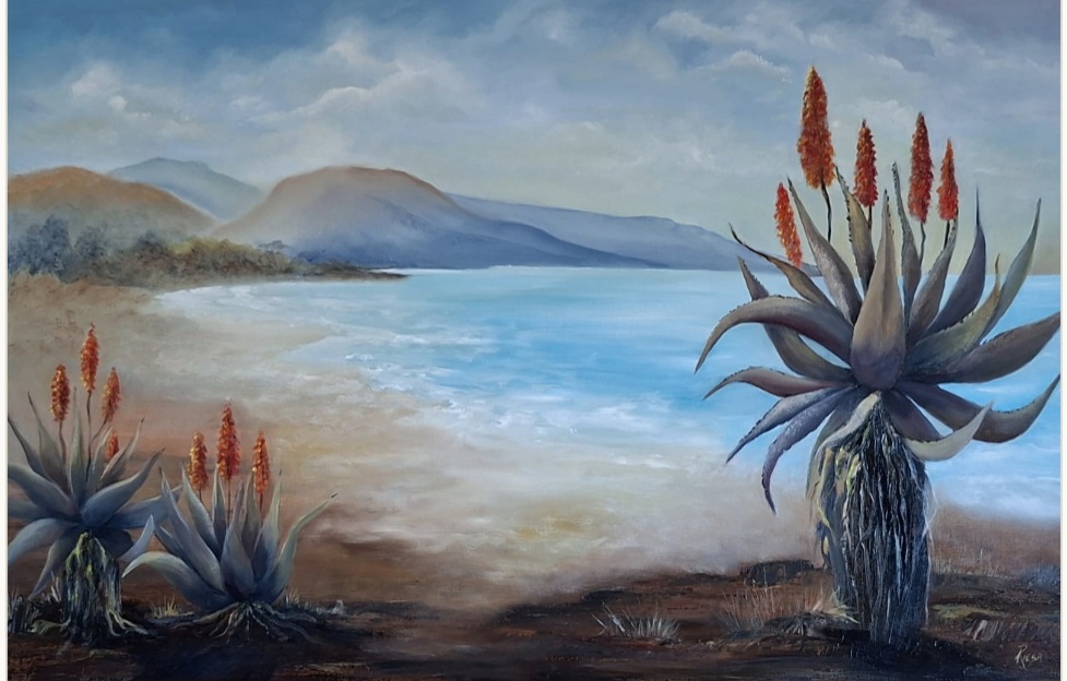 Coastal Sentinels by Riesa Maree, featuring tall aloes and a serene coastal view
