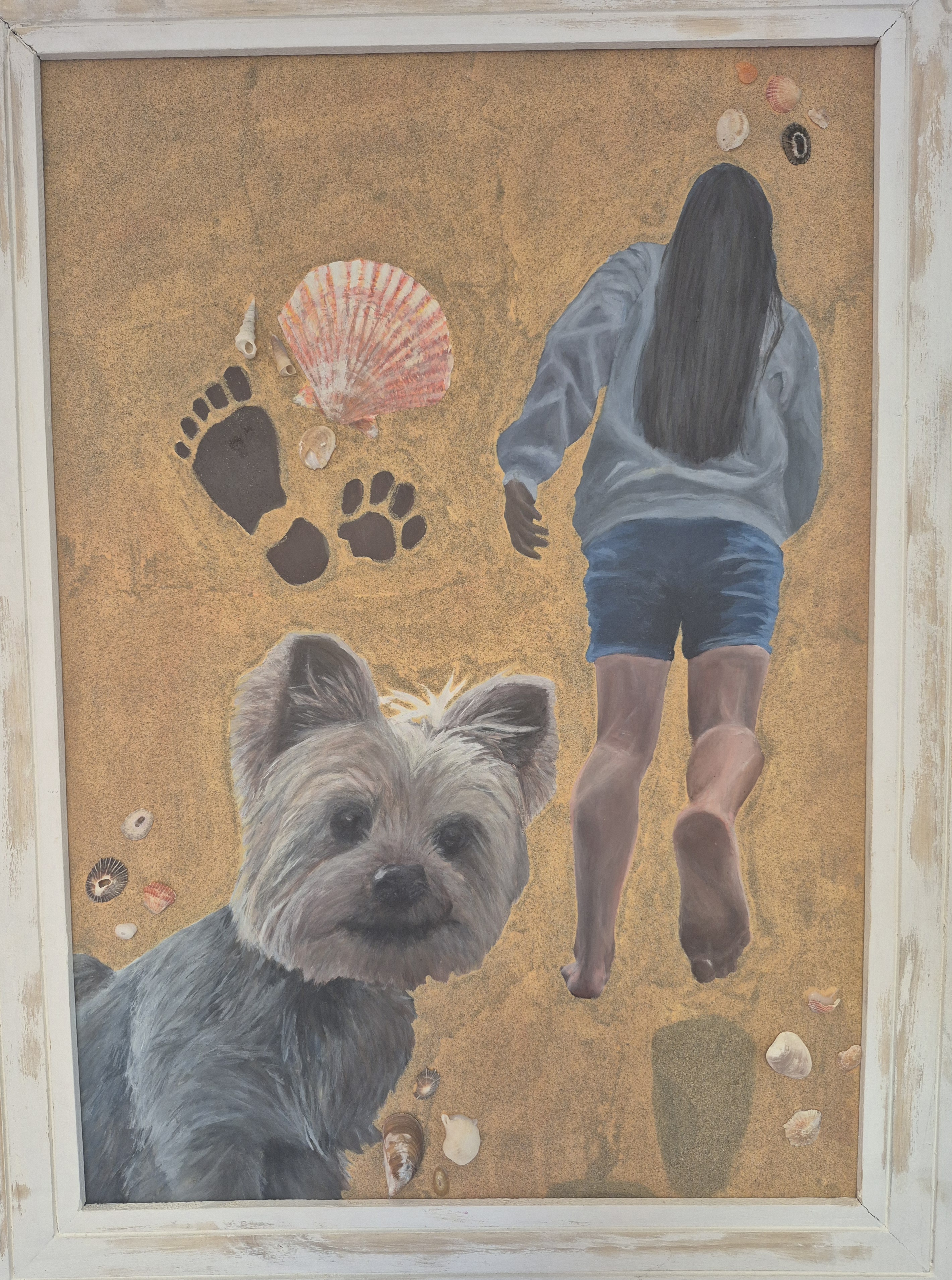 Day at the beach by Anuschka de Jager, featuring a Yorkshire Terrier and walking figure