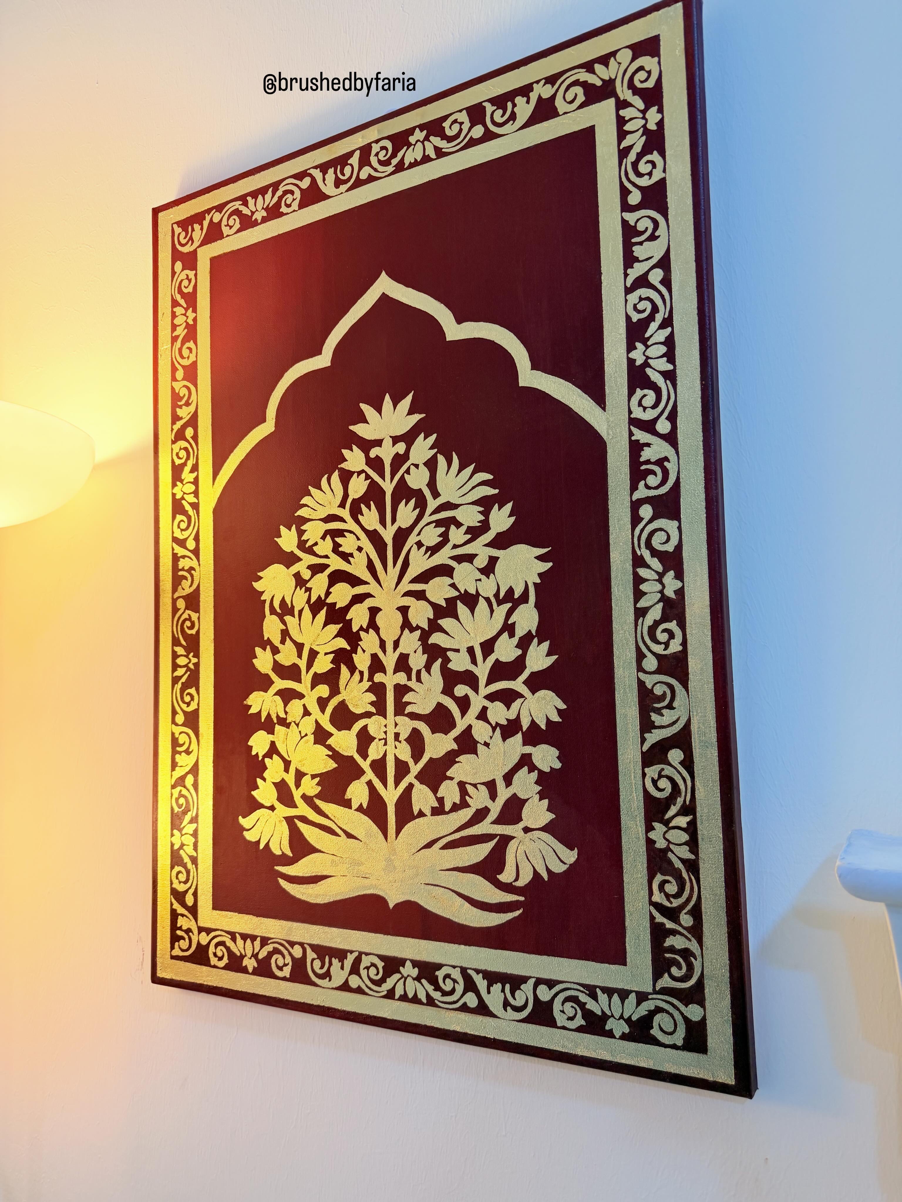The Golden Garden by Faria Bux, featuring a golden tree on a maroon background