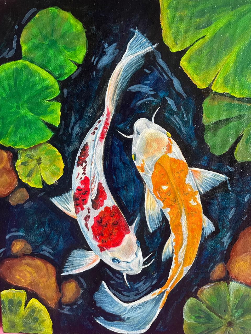 Whispers of the Pond by Apoorva Wijethunga, two koi fish swimming in a pond